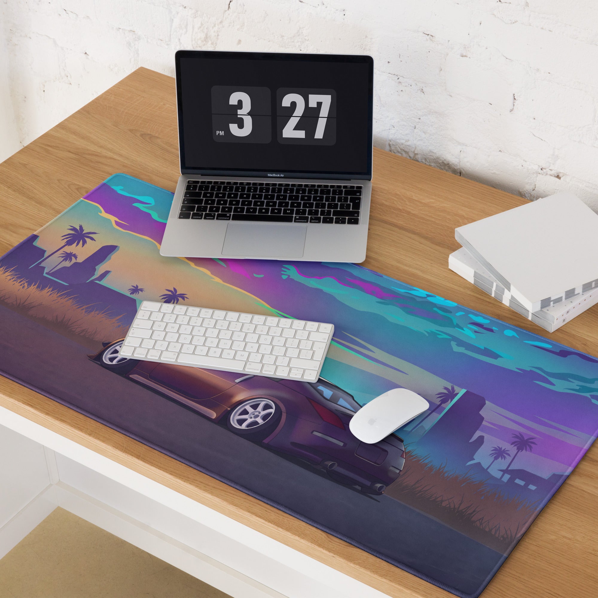 Nissan 350Z Z33 Inspired Purple Blue Vaporwave Gaming Mouse Pad, Neon JDM Sports Car Desk Mat with Retro Futuristic Tropical Sunset Art