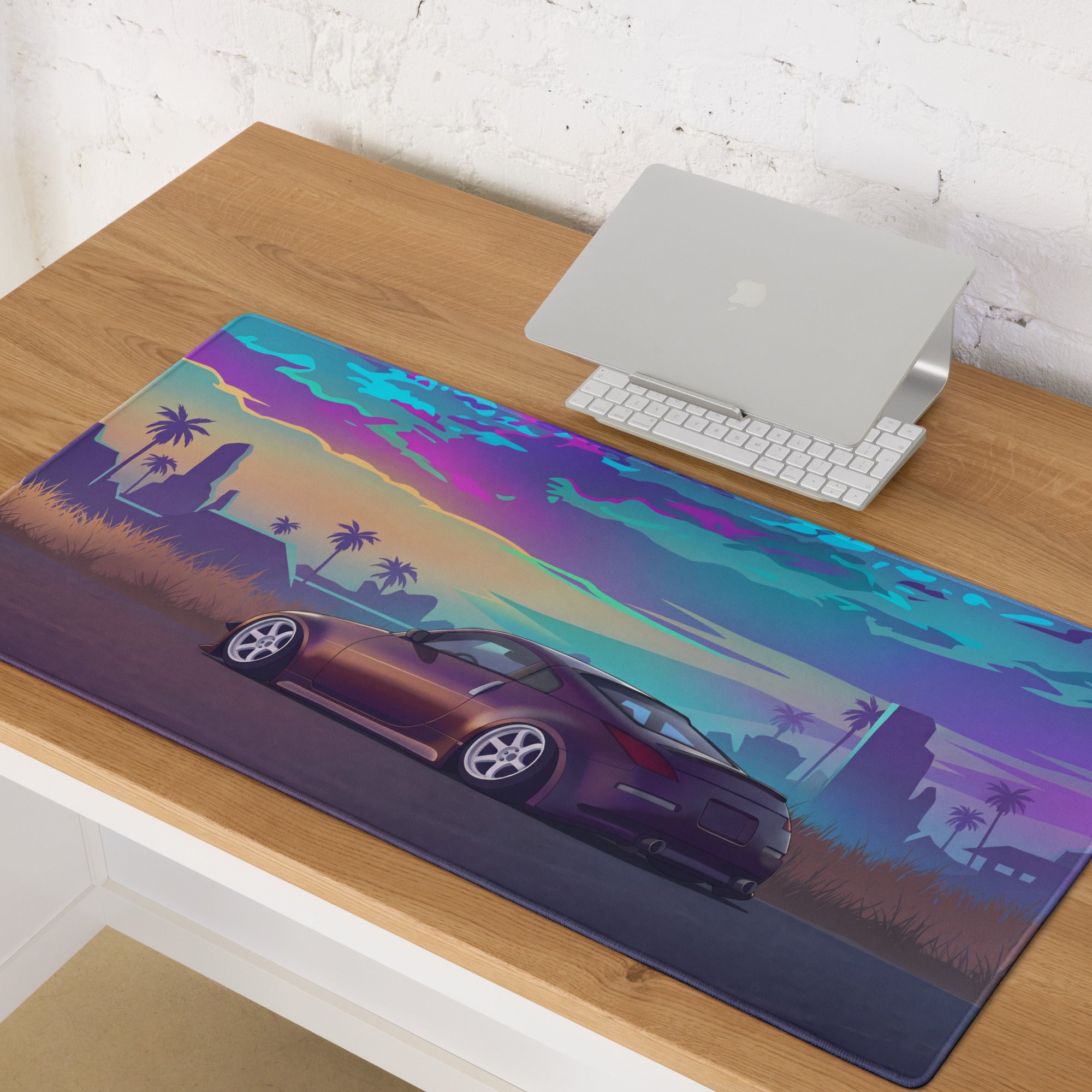 Nissan 350Z Z33 Inspired Purple Blue Vaporwave Gaming Mouse Pad, Neon JDM Sports Car Desk Mat with Retro Futuristic Tropical Sunset Art