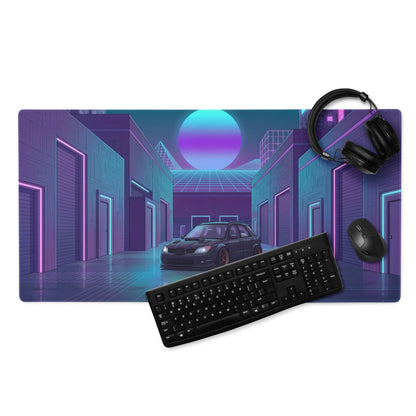 Subaru Impreza WRX Wagon Inspired Black Purple Vaporwave Gaming Mouse Pad, Neon JDM Tuner Car Desk Mat with Retro Futuristic Cyber City Art