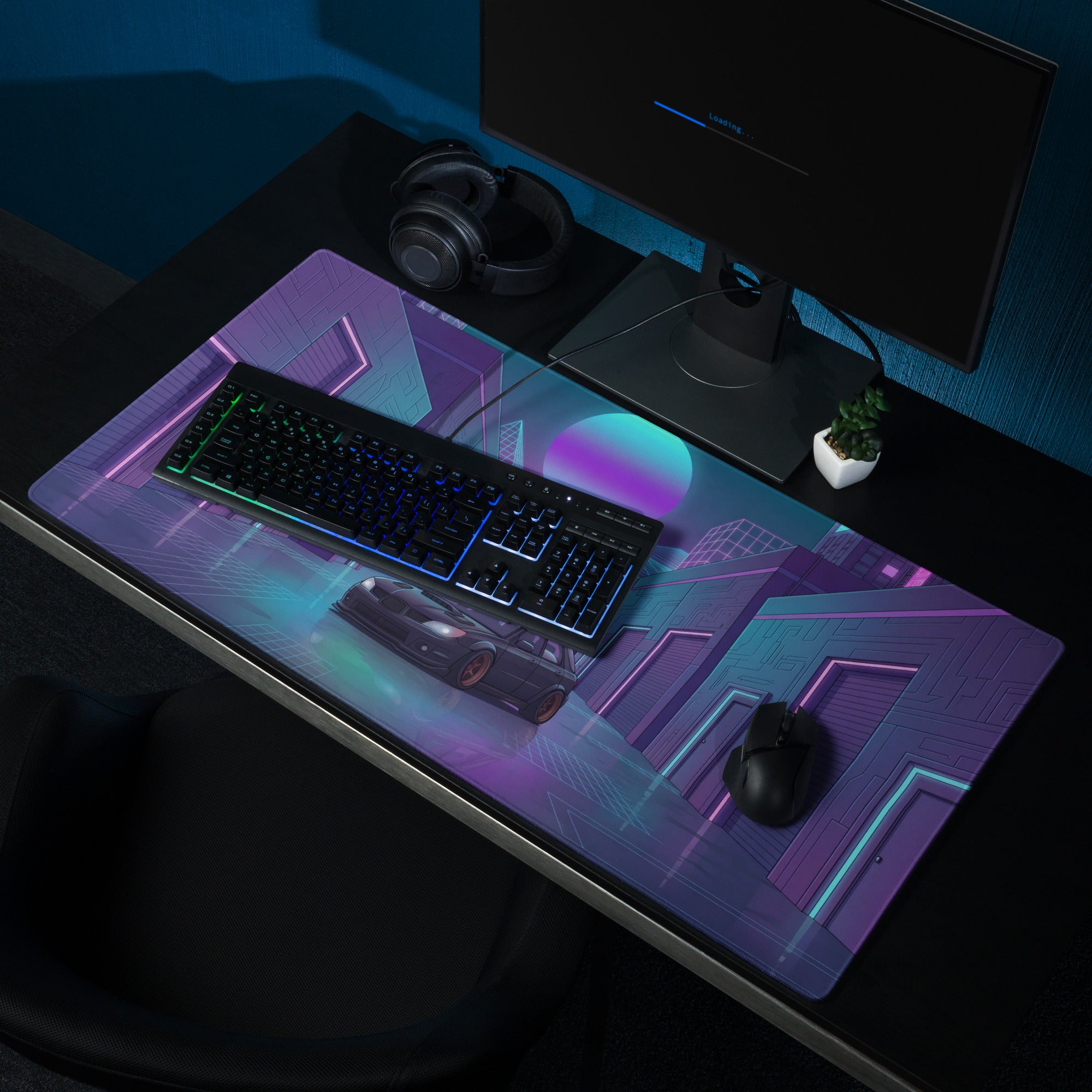 Subaru Impreza WRX Wagon Inspired Black Purple Vaporwave Gaming Mouse Pad, Neon JDM Tuner Car Desk Mat with Retro Futuristic Cyber City Art