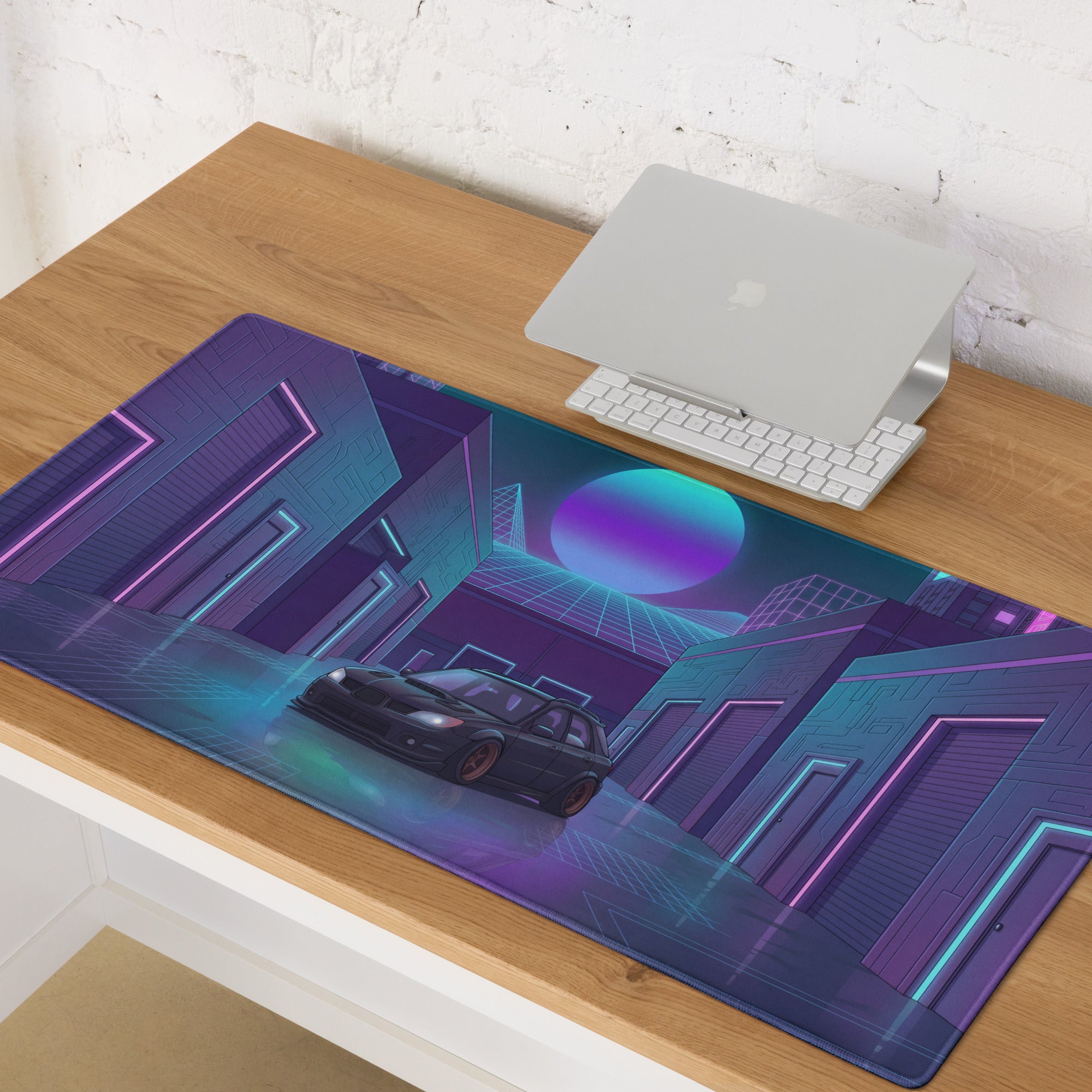 Subaru Impreza WRX Wagon Inspired Black Purple Vaporwave Gaming Mouse Pad, Neon JDM Tuner Car Desk Mat with Retro Futuristic Cyber City Art