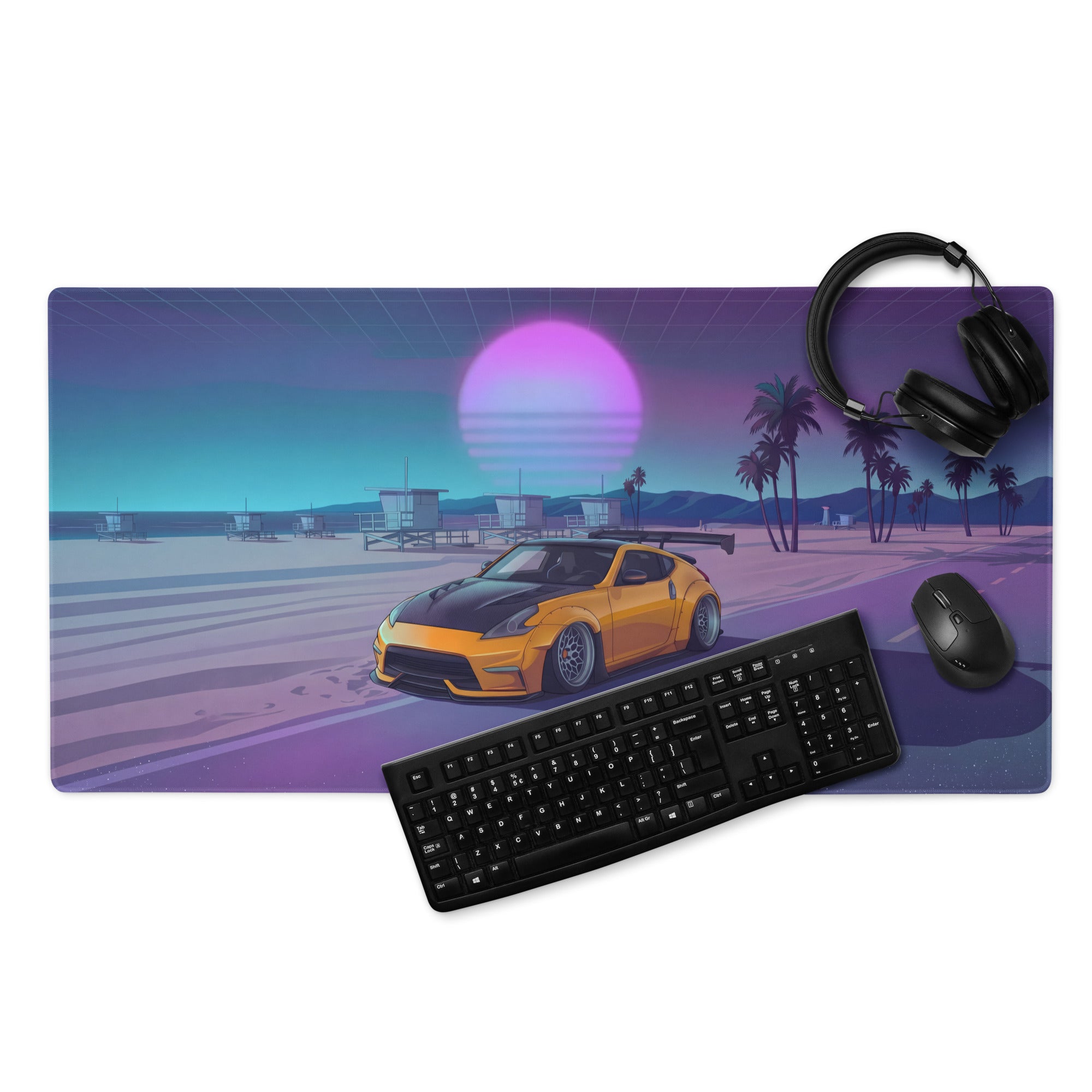 Nissan 370Z Z34 Inspired Orange Purple Vaporwave Gaming Mouse Pad, Neon JDM Sports Car Desk Mat with Retro Futuristic Beach Sunset Art