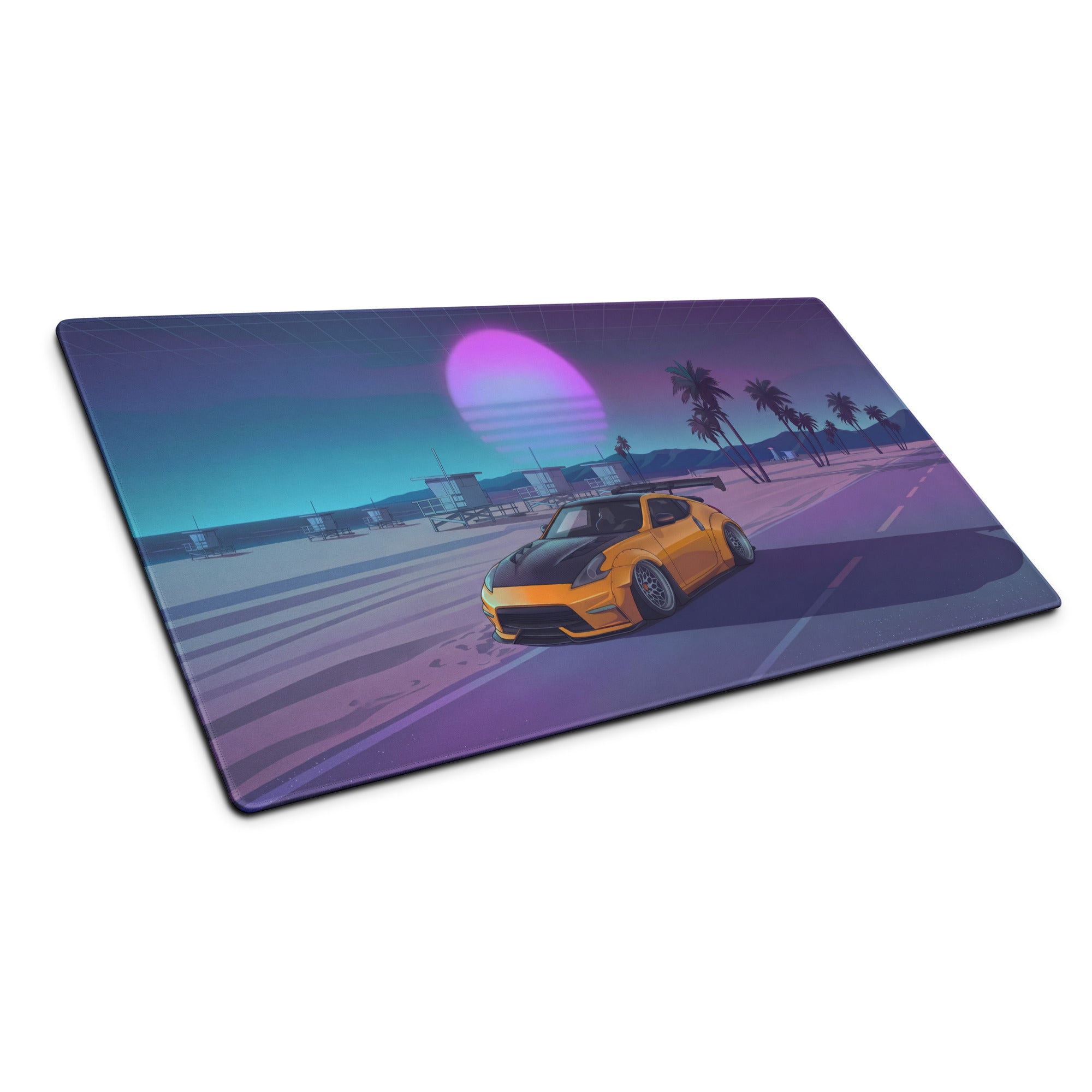 Nissan 370Z Z34 Inspired Orange Purple Vaporwave Gaming Mouse Pad, Neon JDM Sports Car Desk Mat with Retro Futuristic Beach Sunset Art