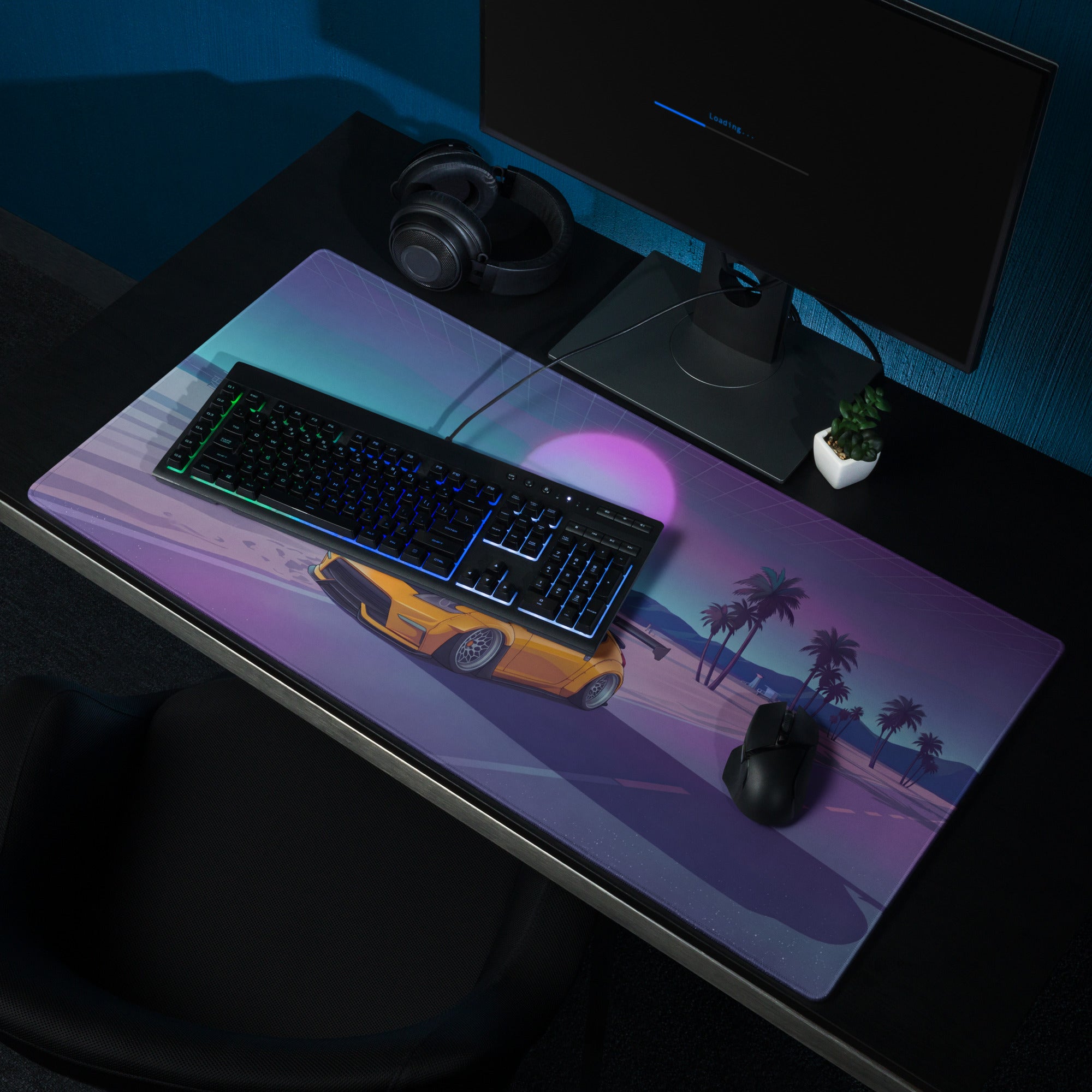Nissan 370Z Z34 Inspired Orange Purple Vaporwave Gaming Mouse Pad, Neon JDM Sports Car Desk Mat with Retro Futuristic Beach Sunset Art