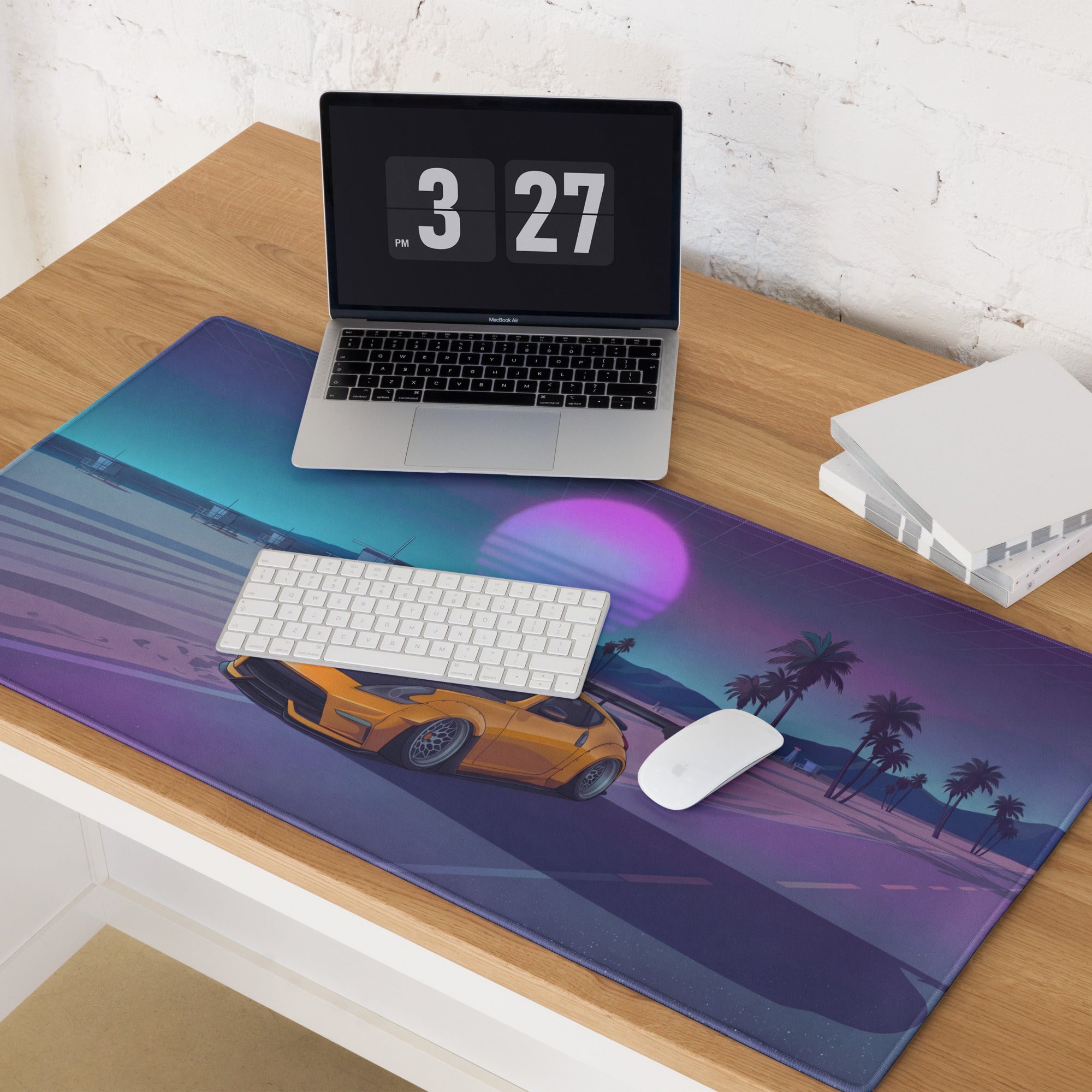 Nissan 370Z Z34 Inspired Orange Purple Vaporwave Gaming Mouse Pad, Neon JDM Sports Car Desk Mat with Retro Futuristic Beach Sunset Art