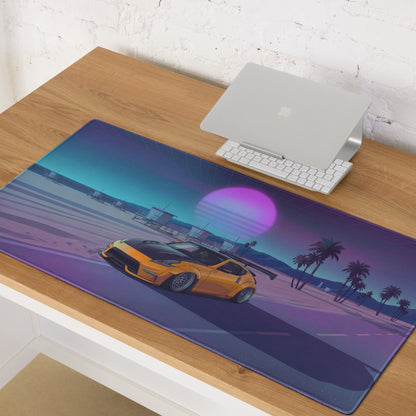 Nissan 370Z Z34 Inspired Orange Purple Vaporwave Gaming Mouse Pad, Neon JDM Sports Car Desk Mat with Retro Futuristic Beach Sunset Art