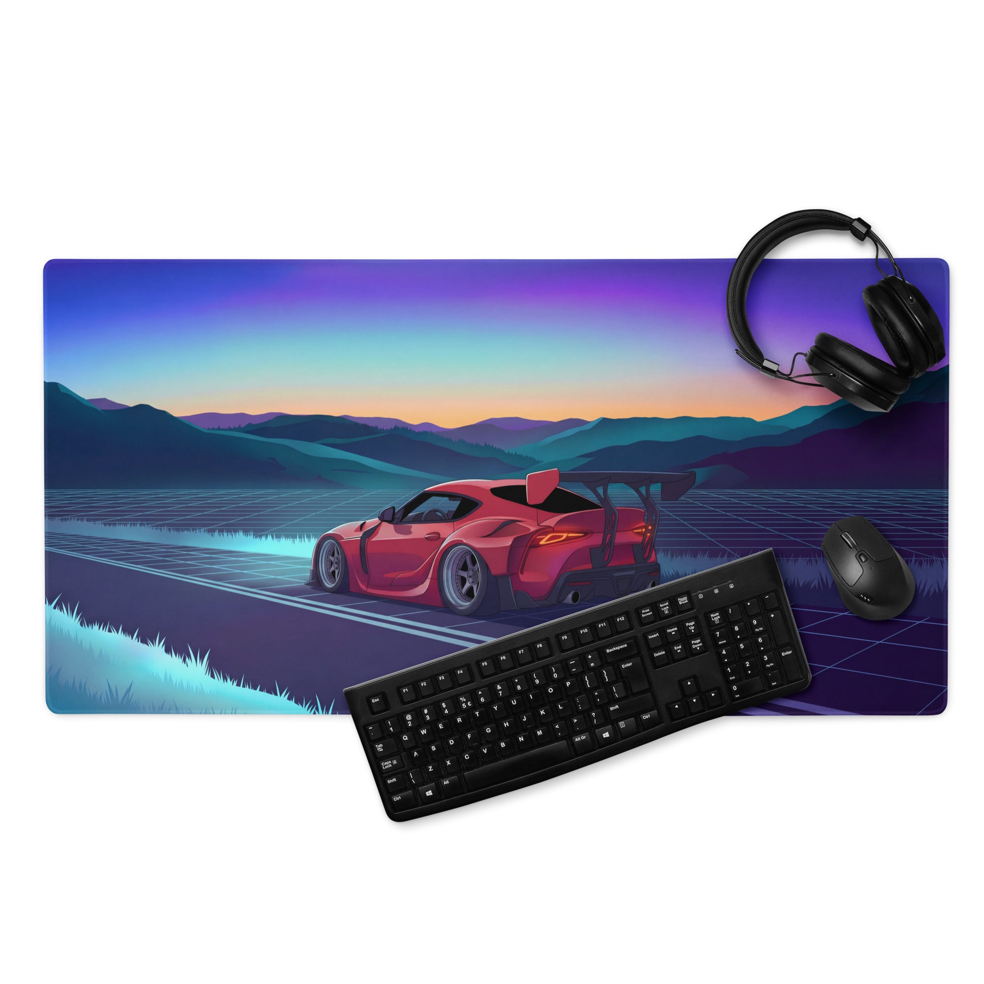 Toyota GR Supra A90 Inspired Red Blue Vaporwave Gaming Mouse Pad, Neon JDM Sports Car Desk Mat with Retro Futuristic Sunset Mountain Art