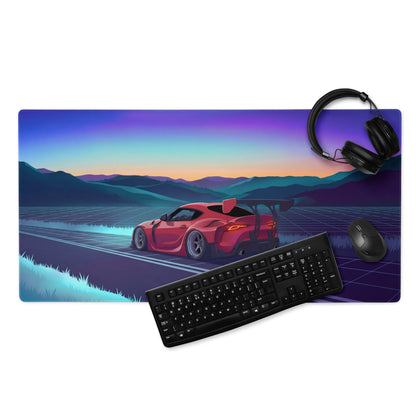 Toyota GR Supra A90 Inspired Red Blue Vaporwave Gaming Mouse Pad, Neon JDM Sports Car Desk Mat with Retro Futuristic Sunset Mountain Art