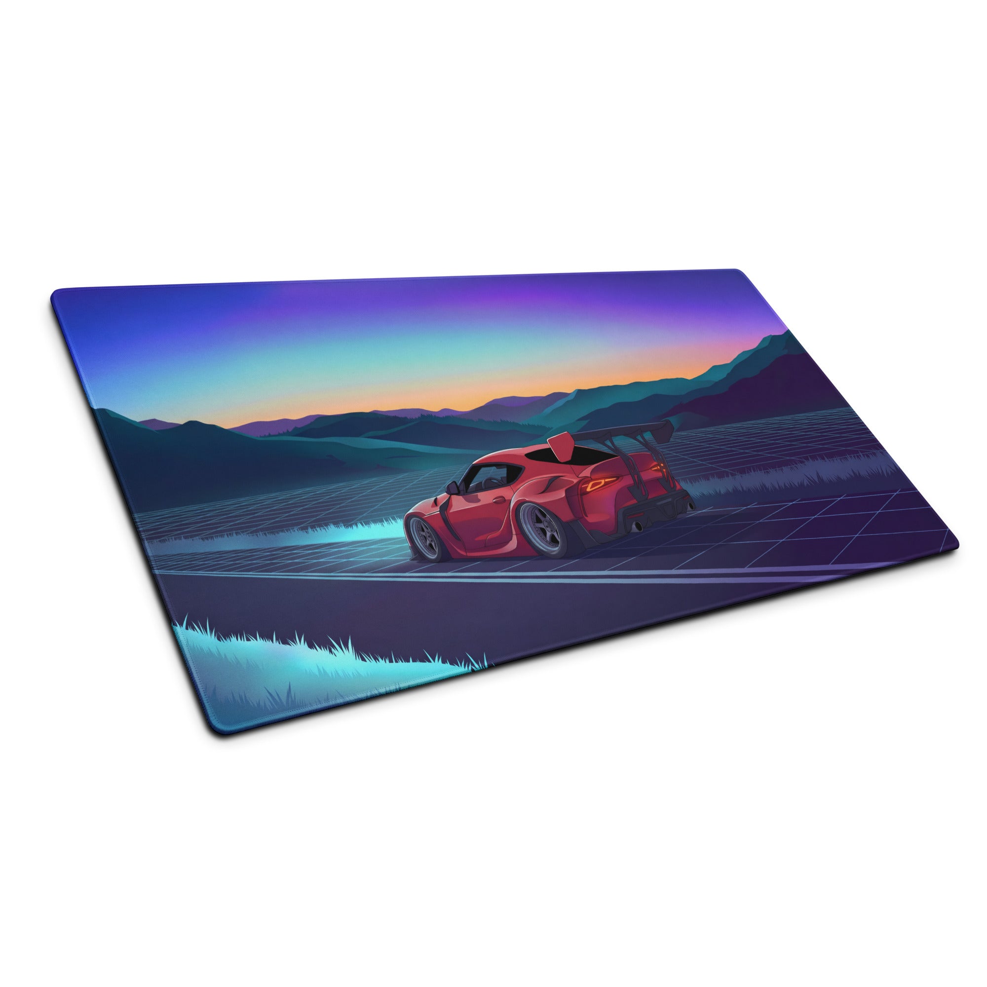 Toyota GR Supra A90 Inspired Red Blue Vaporwave Gaming Mouse Pad, Neon JDM Sports Car Desk Mat with Retro Futuristic Sunset Mountain Art