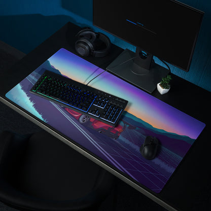 Toyota GR Supra A90 Inspired Red Blue Vaporwave Gaming Mouse Pad, Neon JDM Sports Car Desk Mat with Retro Futuristic Sunset Mountain Art