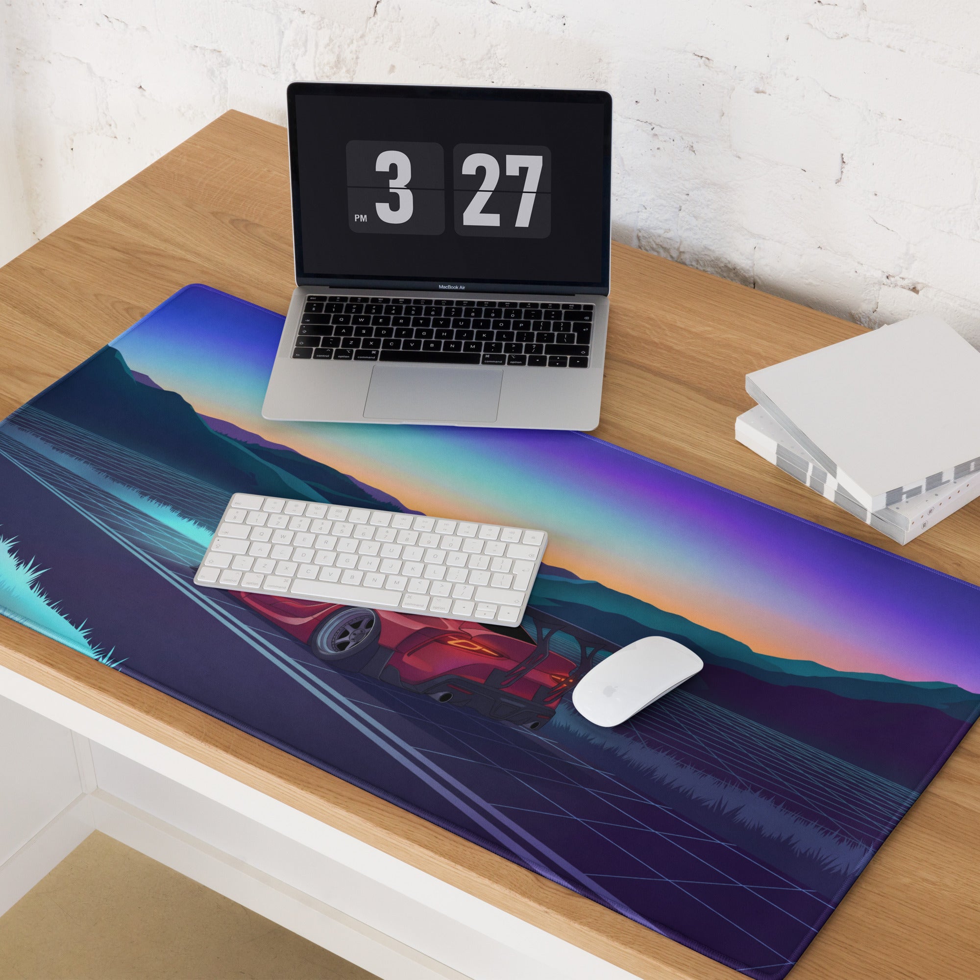 Toyota GR Supra A90 Inspired Red Blue Vaporwave Gaming Mouse Pad, Neon JDM Sports Car Desk Mat with Retro Futuristic Sunset Mountain Art