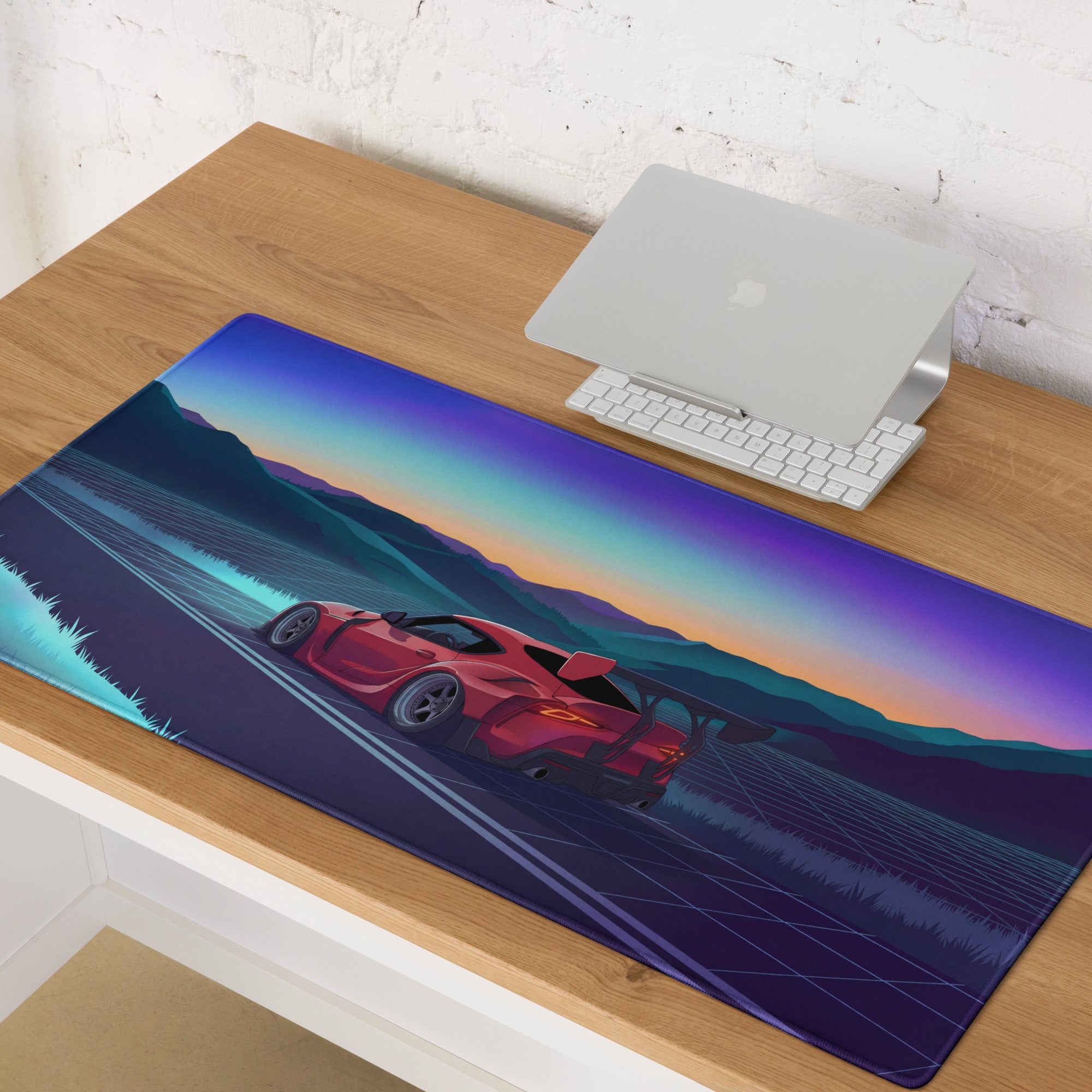 Toyota GR Supra A90 Inspired Red Blue Vaporwave Gaming Mouse Pad, Neon JDM Sports Car Desk Mat with Retro Futuristic Sunset Mountain Art