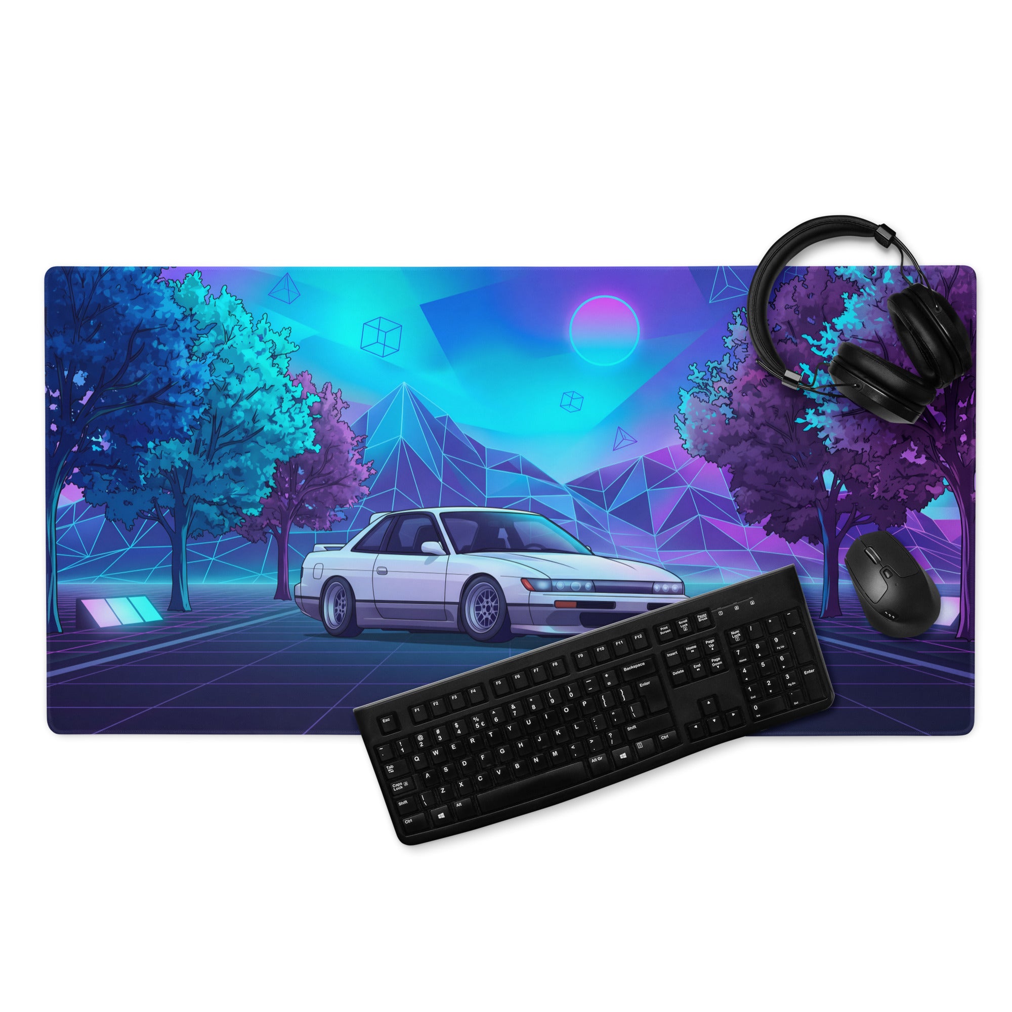 Nissan Silvia S13 Inspired White Blue Vaporwave Gaming Mouse Pad, Neon JDM Drift Car Desk Mat with Retro Futuristic Mountain Landscape Art