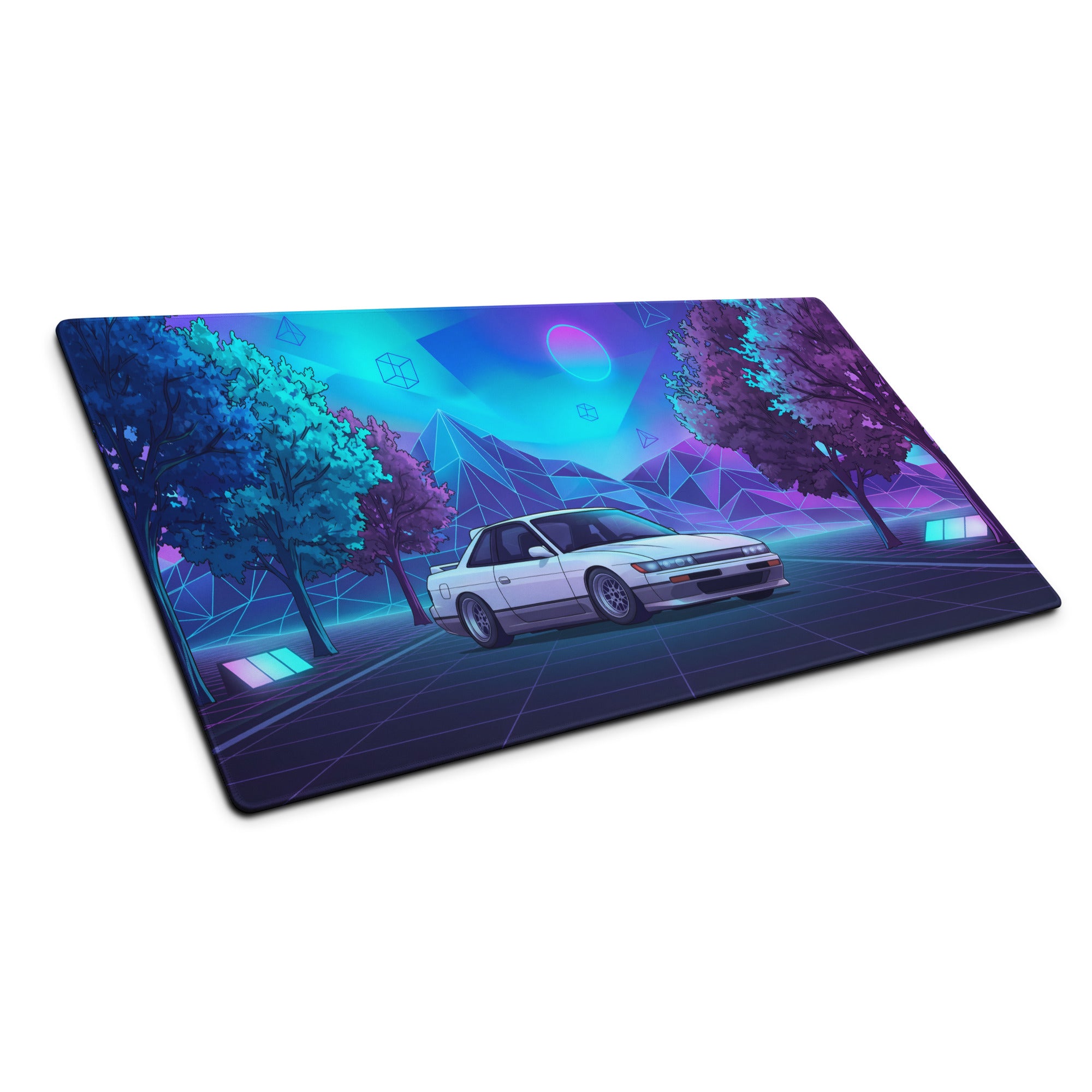 Nissan Silvia S13 Inspired White Blue Vaporwave Gaming Mouse Pad, Neon JDM Drift Car Desk Mat with Retro Futuristic Mountain Landscape Art
