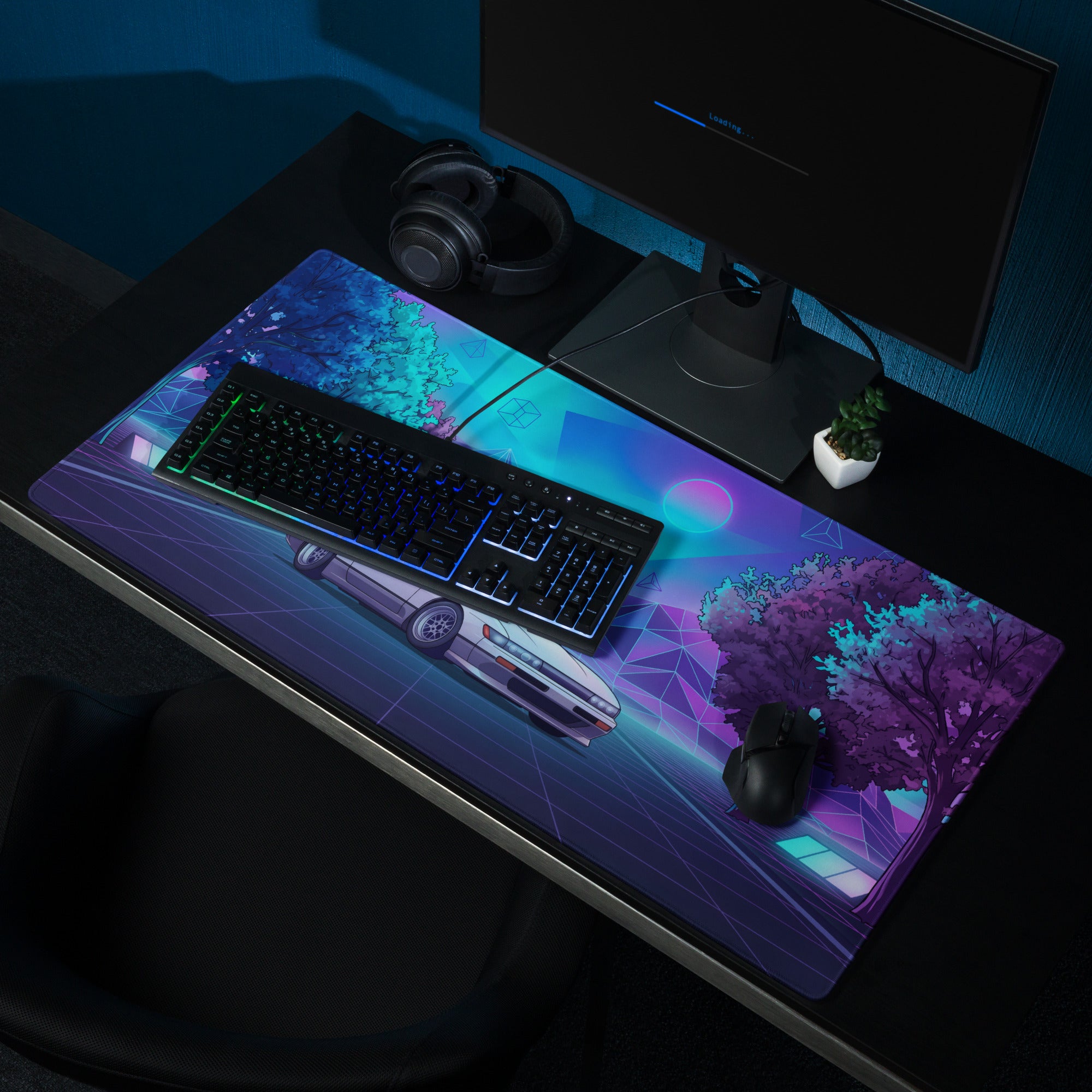 Nissan Silvia S13 Inspired White Blue Vaporwave Gaming Mouse Pad, Neon JDM Drift Car Desk Mat with Retro Futuristic Mountain Landscape Art