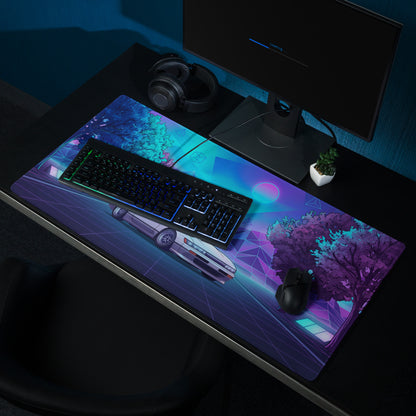 Nissan Silvia S13 Inspired White Blue Vaporwave Gaming Mouse Pad, Neon JDM Drift Car Desk Mat with Retro Futuristic Mountain Landscape Art