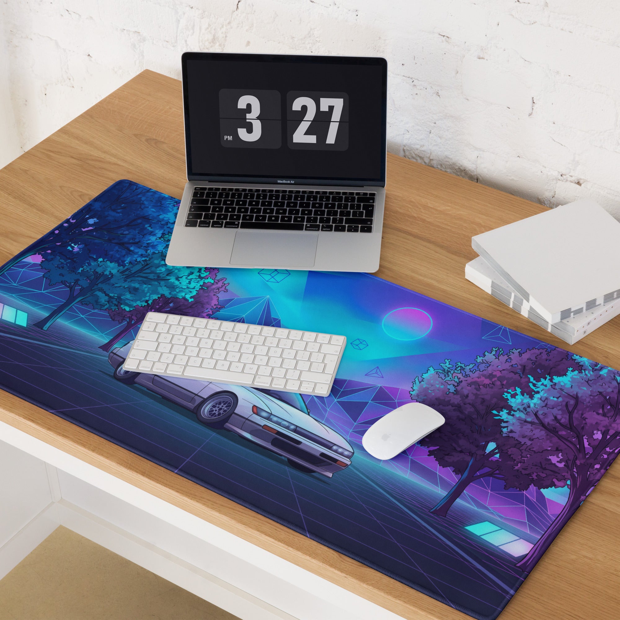 Nissan Silvia S13 Inspired White Blue Vaporwave Gaming Mouse Pad, Neon JDM Drift Car Desk Mat with Retro Futuristic Mountain Landscape Art