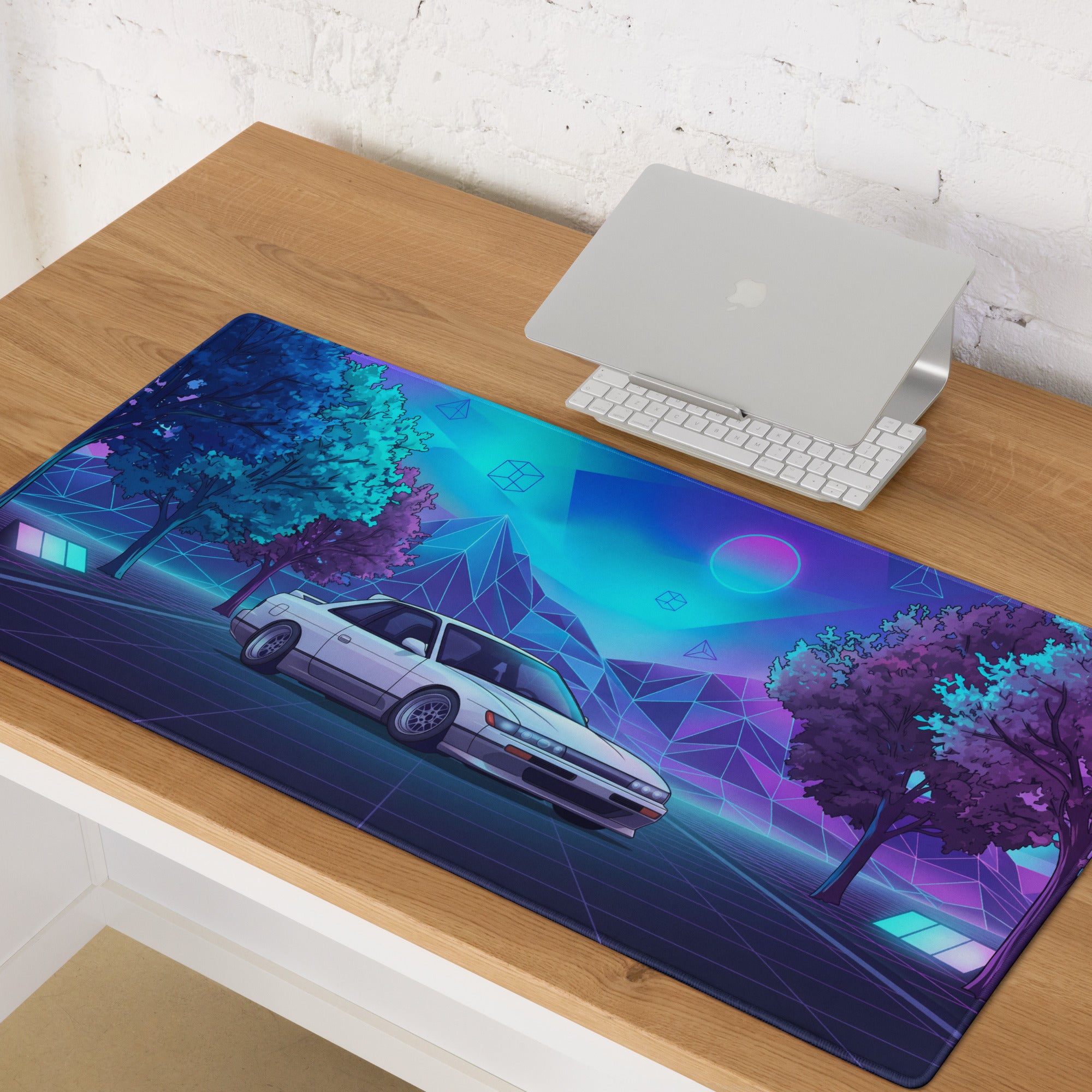 Nissan Silvia S13 Inspired White Blue Vaporwave Gaming Mouse Pad, Neon JDM Drift Car Desk Mat with Retro Futuristic Mountain Landscape Art
