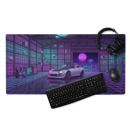 Honda S2000 AP1 Inspired Silver Purple Vaporwave Gaming Mouse Pad, Neon Retro Futuristic JDM Garage Desk Mat with Synthwave Sports Car Art