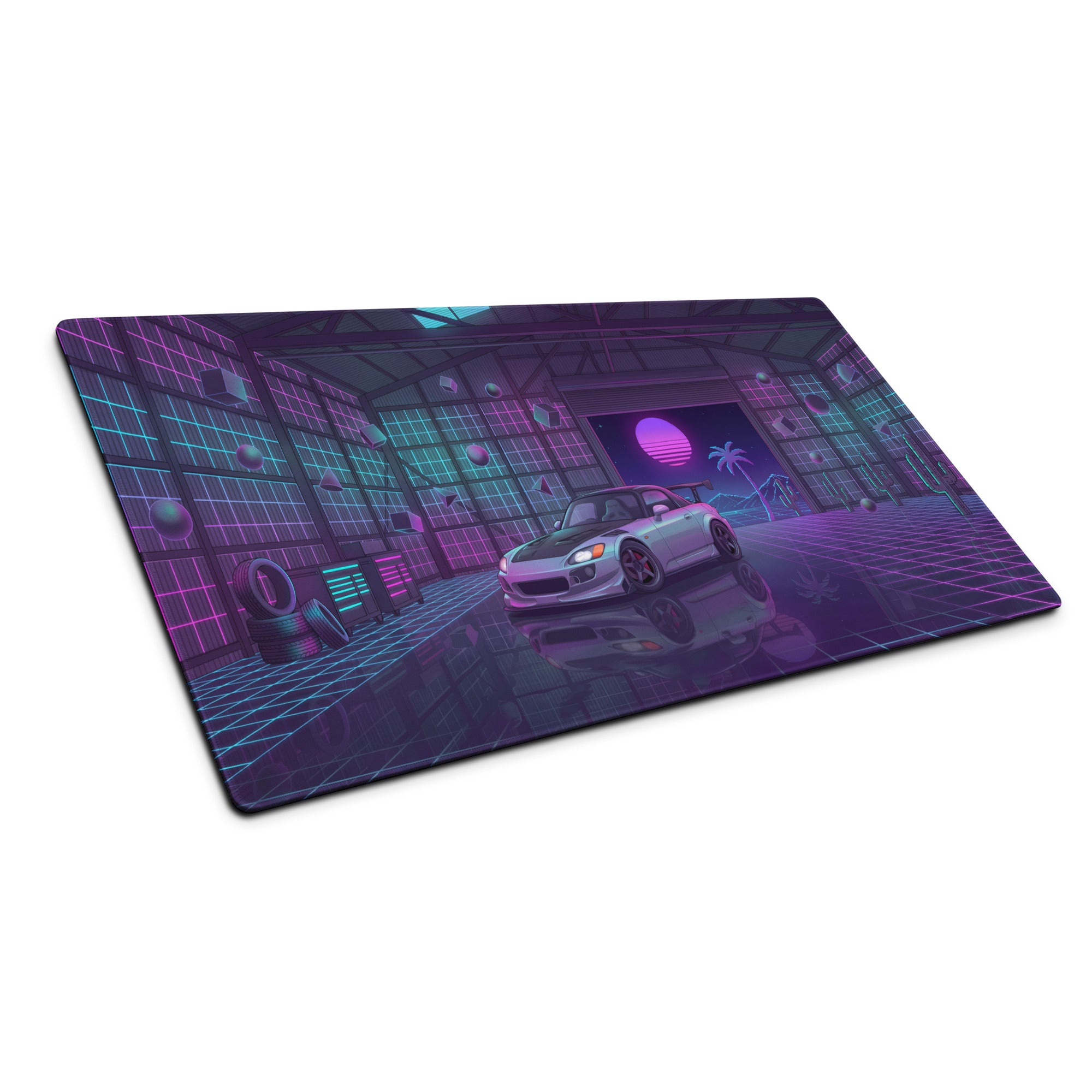 Honda S2000 AP1 Inspired Silver Purple Vaporwave Gaming Mouse Pad, Neon Retro Futuristic JDM Garage Desk Mat with Synthwave Sports Car Art