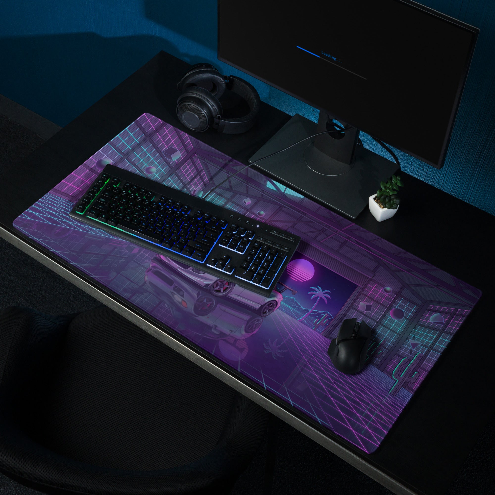 Honda S2000 AP1 Inspired Silver Purple Vaporwave Gaming Mouse Pad, Neon Retro Futuristic JDM Garage Desk Mat with Synthwave Sports Car Art