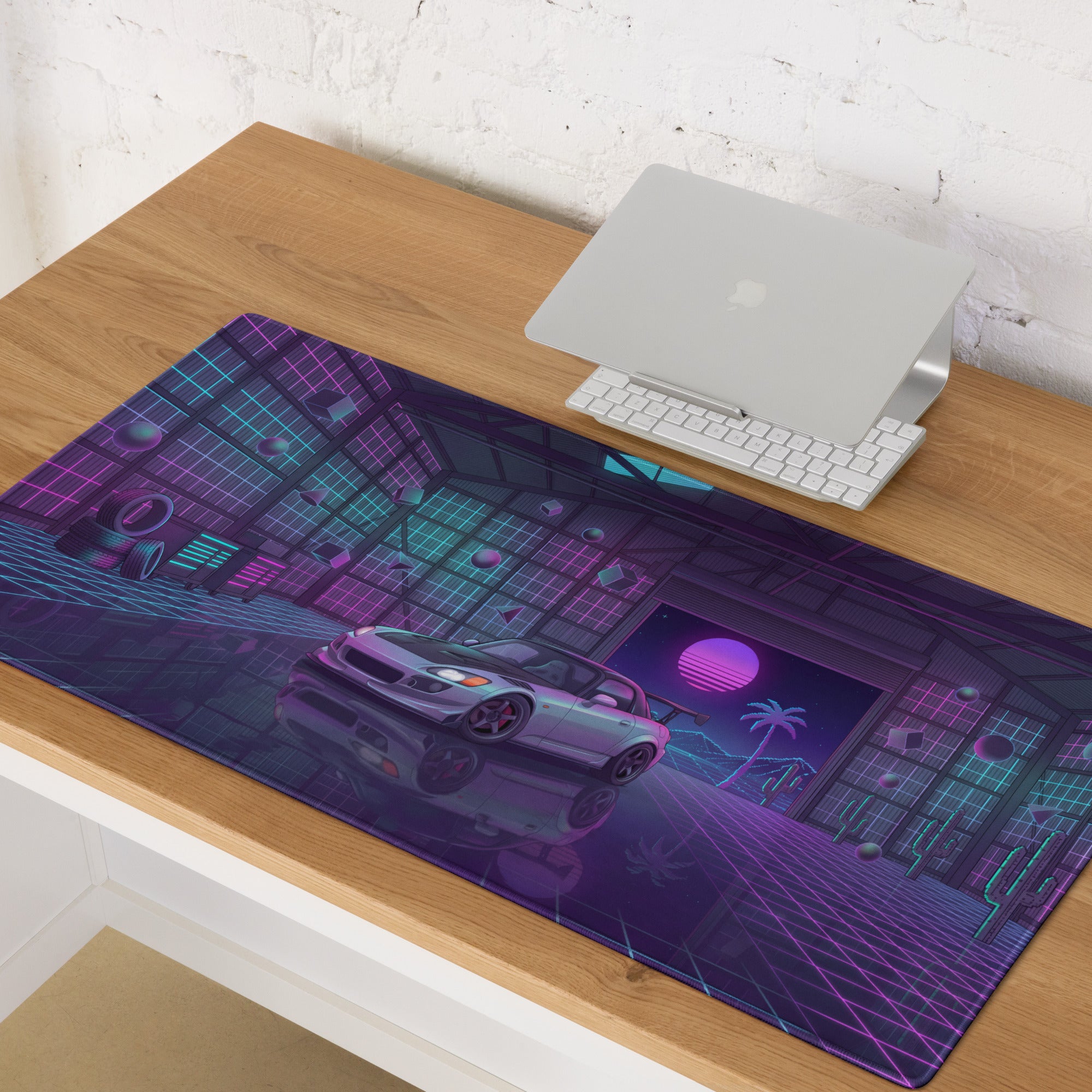Honda S2000 AP1 Inspired Silver Purple Vaporwave Gaming Mouse Pad, Neon Retro Futuristic JDM Garage Desk Mat with Synthwave Sports Car Art