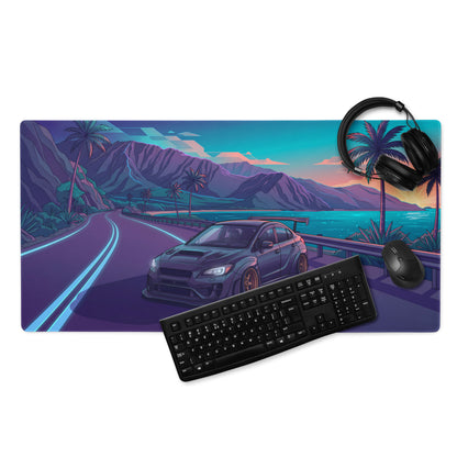 Subaru WRX STI VA Inspired Gray Blue Vaporwave Gaming Mouse Pad, Neon Tropical Coastal Road JDM Desk Mat with Retro Futuristic Rally Car Art