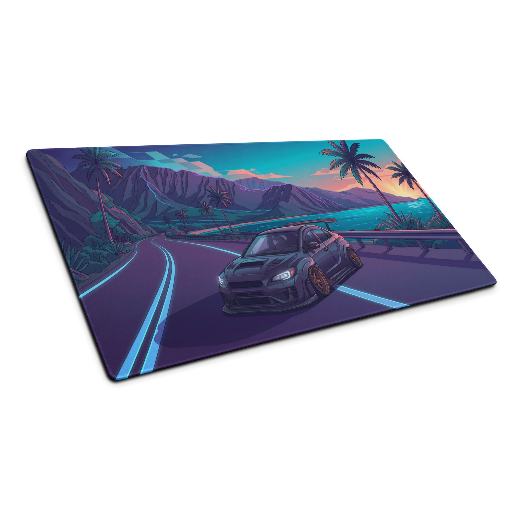 Subaru WRX STI VA Inspired Gray Blue Vaporwave Gaming Mouse Pad, Neon Tropical Coastal Road JDM Desk Mat with Retro Futuristic Rally Car Art