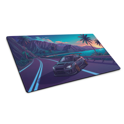 Subaru WRX STI VA Inspired Gray Blue Vaporwave Gaming Mouse Pad, Neon Tropical Coastal Road JDM Desk Mat with Retro Futuristic Rally Car Art