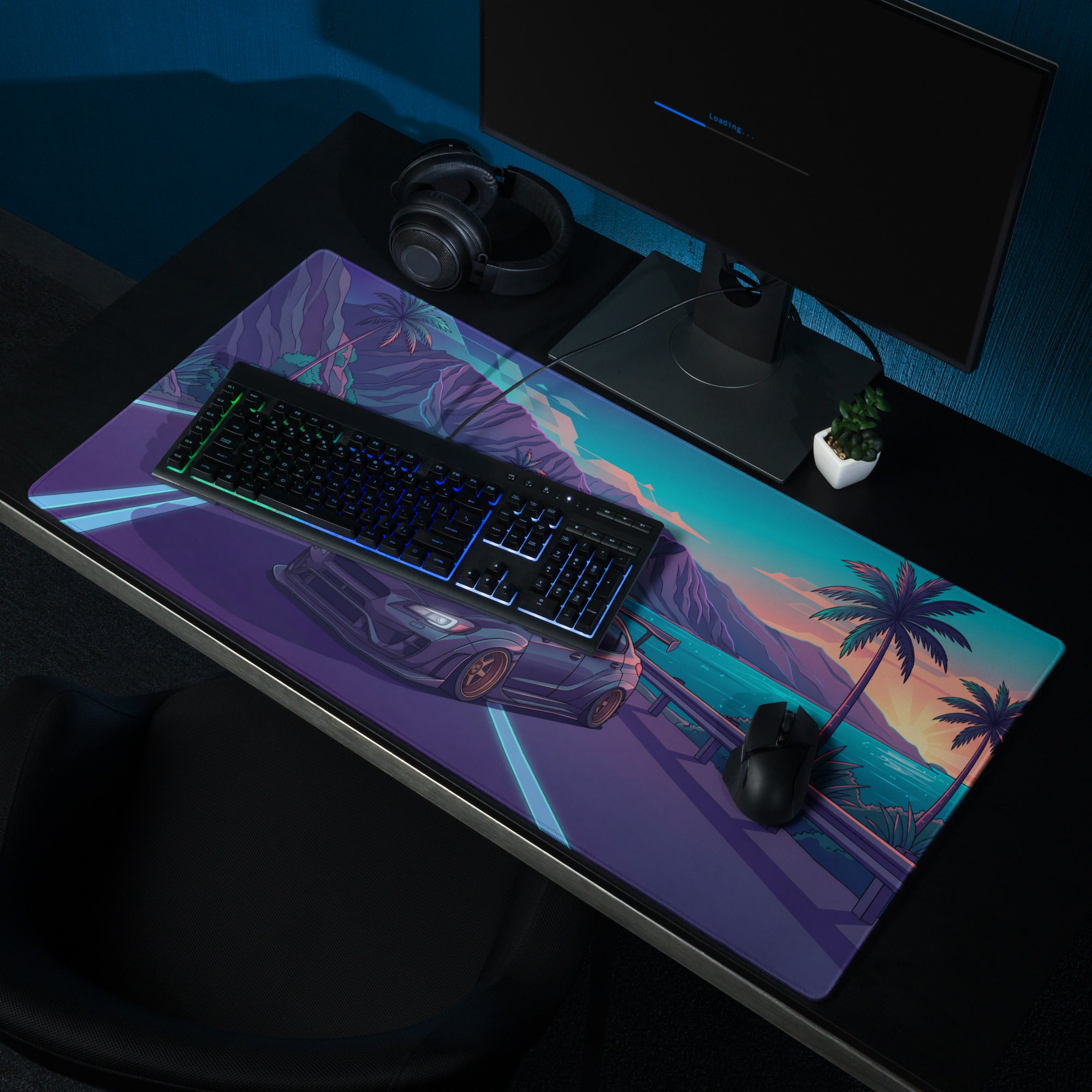 Subaru WRX STI VA Inspired Gray Blue Vaporwave Gaming Mouse Pad, Neon Tropical Coastal Road JDM Desk Mat with Retro Futuristic Rally Car Art
