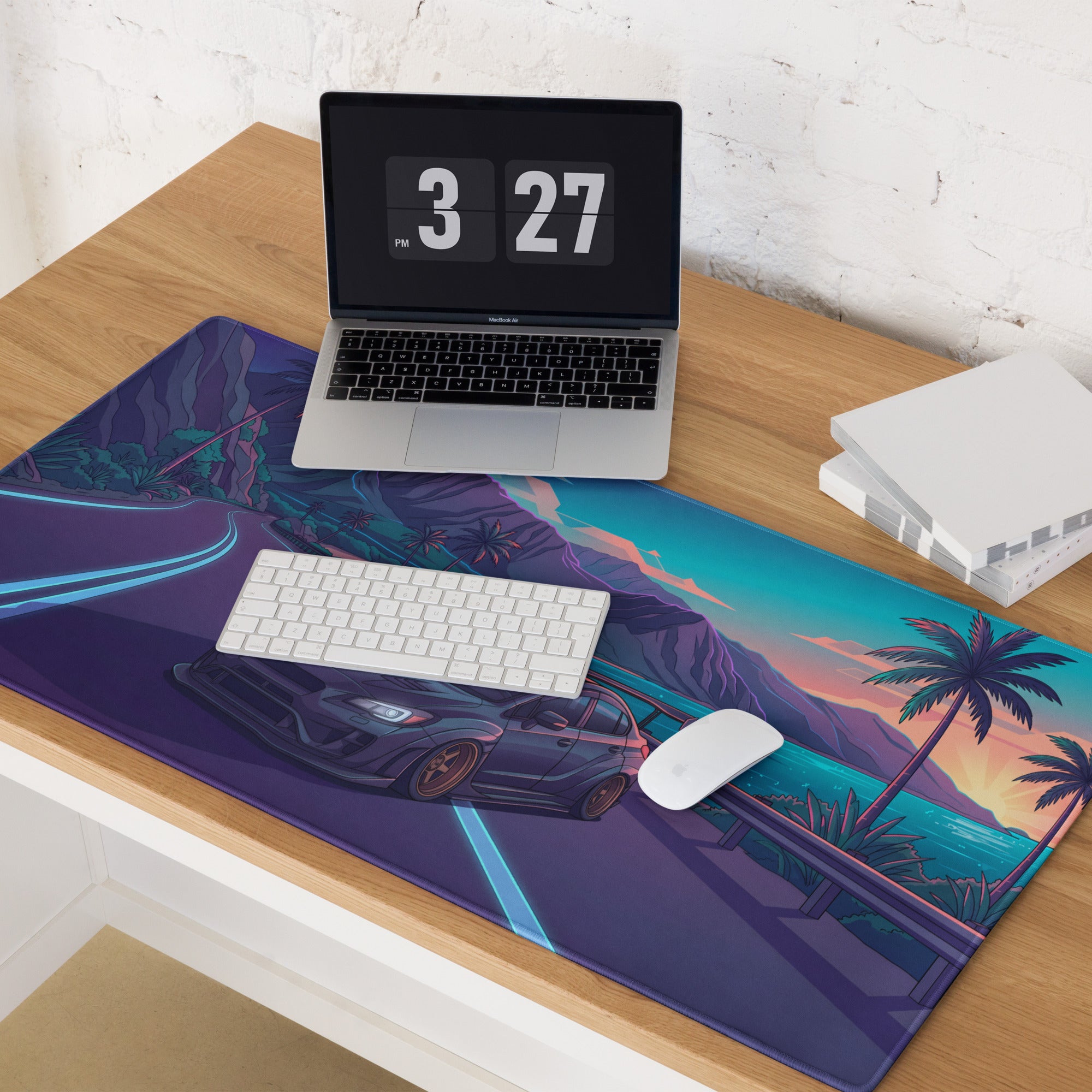 Subaru WRX STI VA Inspired Gray Blue Vaporwave Gaming Mouse Pad, Neon Tropical Coastal Road JDM Desk Mat with Retro Futuristic Rally Car Art