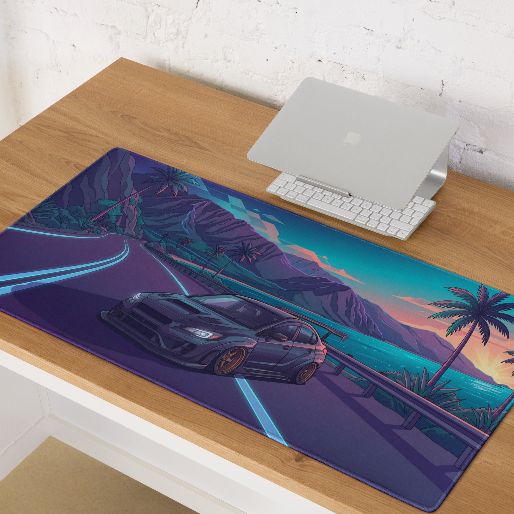 Subaru WRX STI VA Inspired Gray Blue Vaporwave Gaming Mouse Pad, Neon Tropical Coastal Road JDM Desk Mat with Retro Futuristic Rally Car Art