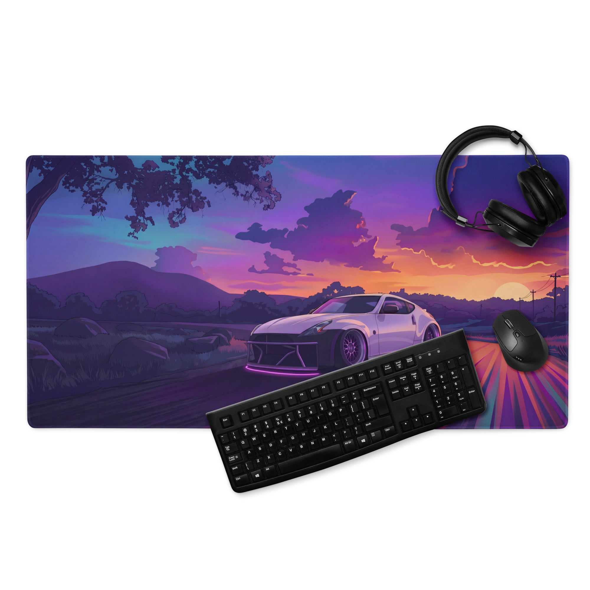 Nissan 370Z Z34 Inspired White Purple Vaporwave Gaming Mouse Pad, Neon Sunset JDM Desk Mat with Retro Futuristic Mountain Road Sports Car Art