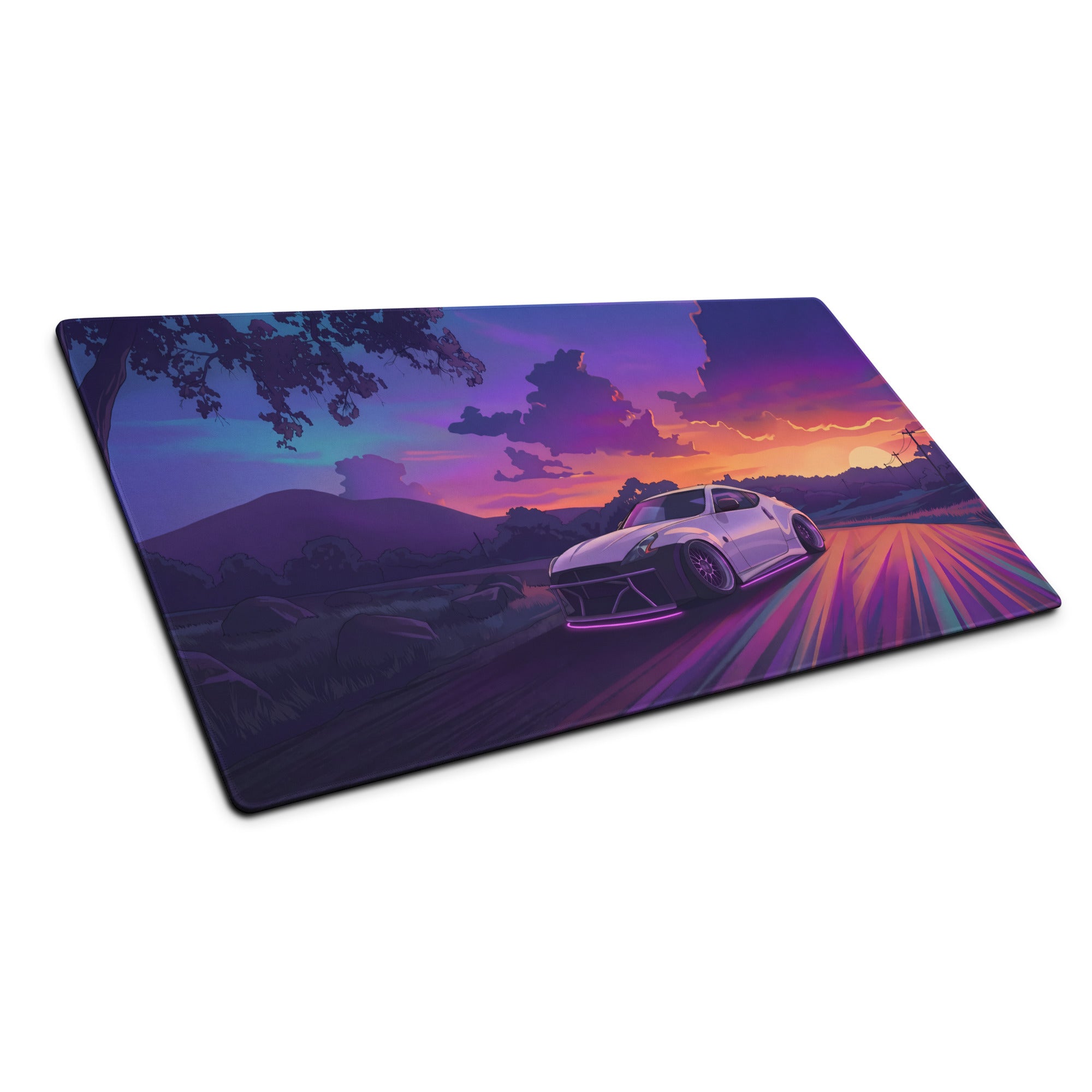 Nissan 370Z Z34 Inspired White Purple Vaporwave Gaming Mouse Pad, Neon Sunset JDM Desk Mat with Retro Futuristic Mountain Road Sports Car Art
