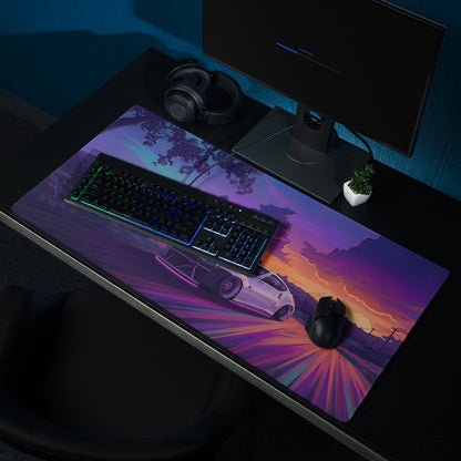 Nissan 370Z Z34 Inspired White Purple Vaporwave Gaming Mouse Pad, Neon Sunset JDM Desk Mat with Retro Futuristic Mountain Road Sports Car Art