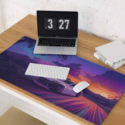 Nissan 370Z Z34 Inspired White Purple Vaporwave Gaming Mouse Pad, Neon Sunset JDM Desk Mat with Retro Futuristic Mountain Road Sports Car Art