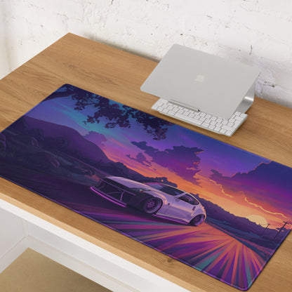 Nissan 370Z Z34 Inspired White Purple Vaporwave Gaming Mouse Pad, Neon Sunset JDM Desk Mat with Retro Futuristic Mountain Road Sports Car Art