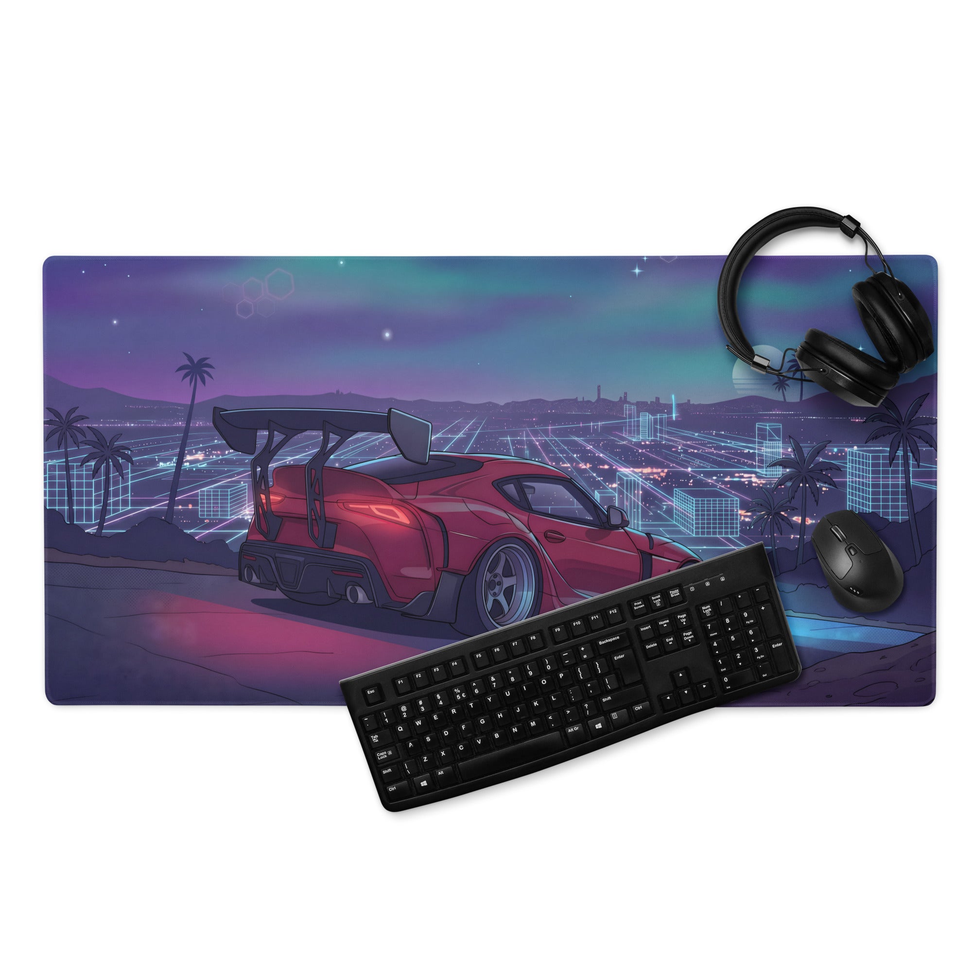 Toyota GR Supra A90 Inspired Red Purple Vaporwave Gaming Mouse Pad, Neon Cyberpunk Skyline JDM Desk Mat with Retro Futuristic Sports Car Art