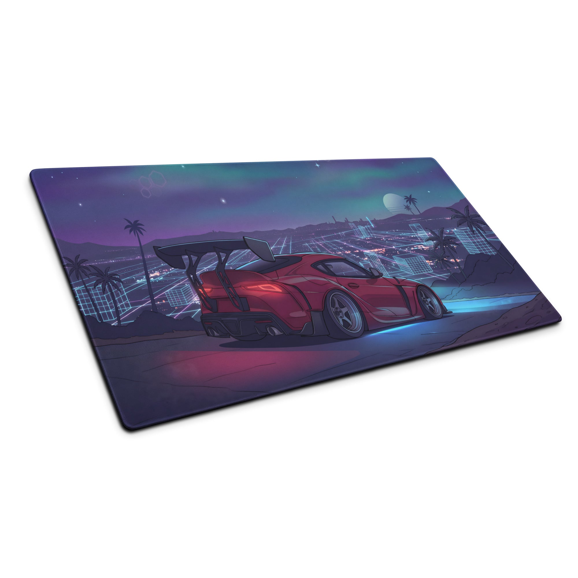 Toyota GR Supra A90 Inspired Red Purple Vaporwave Gaming Mouse Pad, Neon Cyberpunk Skyline JDM Desk Mat with Retro Futuristic Sports Car Art