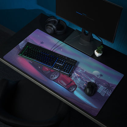 Toyota GR Supra A90 Inspired Red Purple Vaporwave Gaming Mouse Pad, Neon Cyberpunk Skyline JDM Desk Mat with Retro Futuristic Sports Car Art