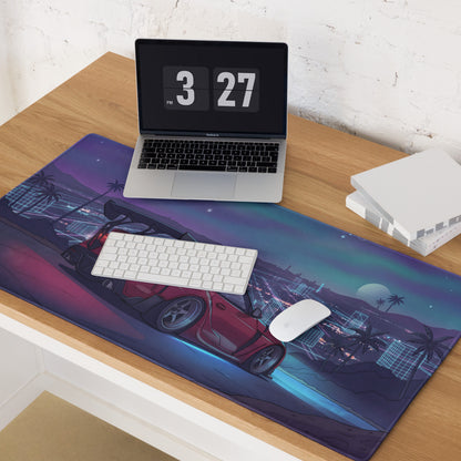 Toyota GR Supra A90 Inspired Red Purple Vaporwave Gaming Mouse Pad, Neon Cyberpunk Skyline JDM Desk Mat with Retro Futuristic Sports Car Art