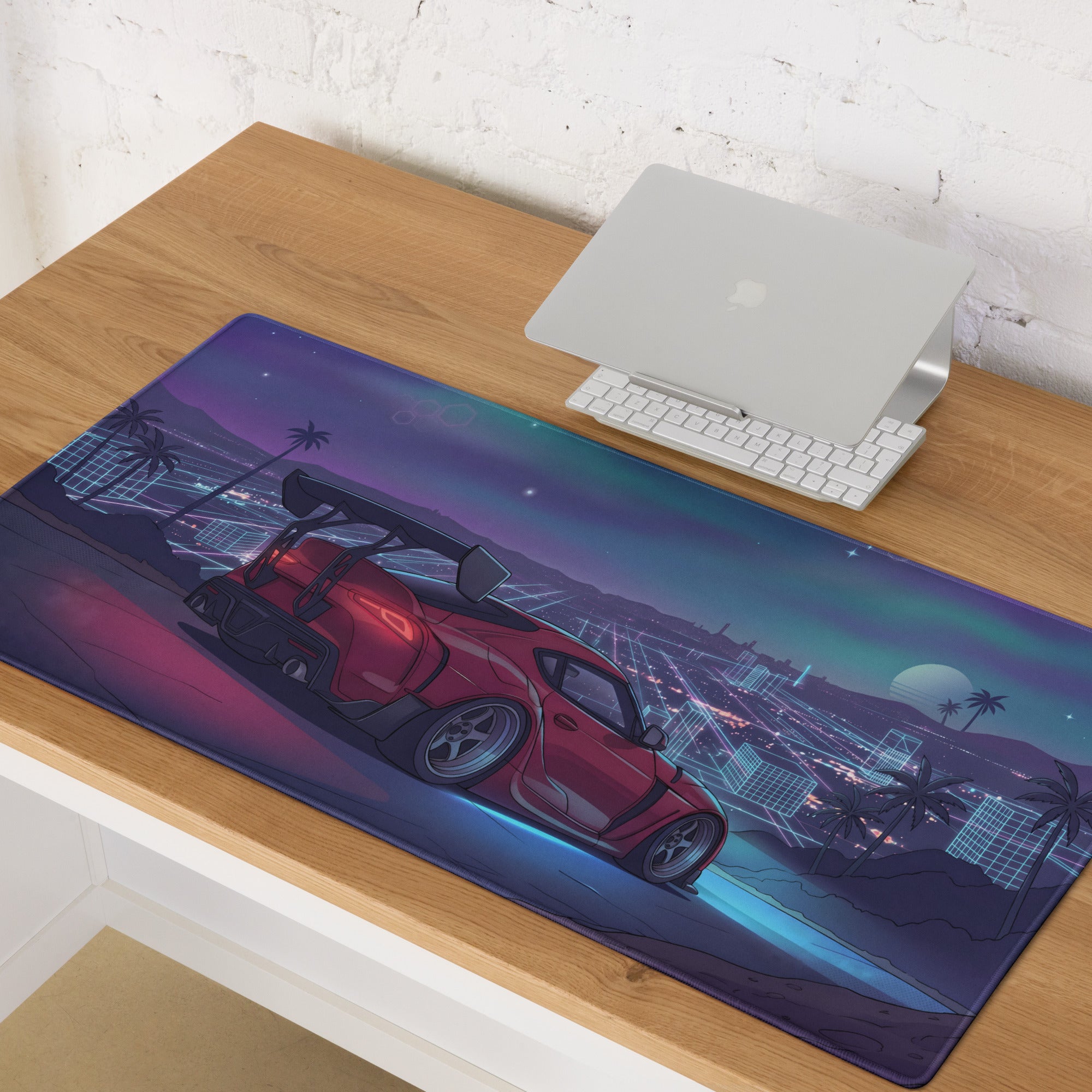 Toyota GR Supra A90 Inspired Red Purple Vaporwave Gaming Mouse Pad, Neon Cyberpunk Skyline JDM Desk Mat with Retro Futuristic Sports Car Art