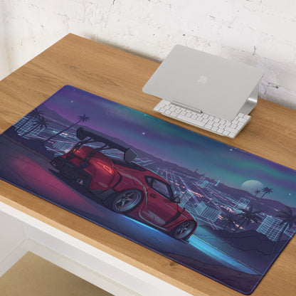 Toyota GR Supra A90 Inspired Red Purple Vaporwave Gaming Mouse Pad, Neon Cyberpunk Skyline JDM Desk Mat with Retro Futuristic Sports Car Art