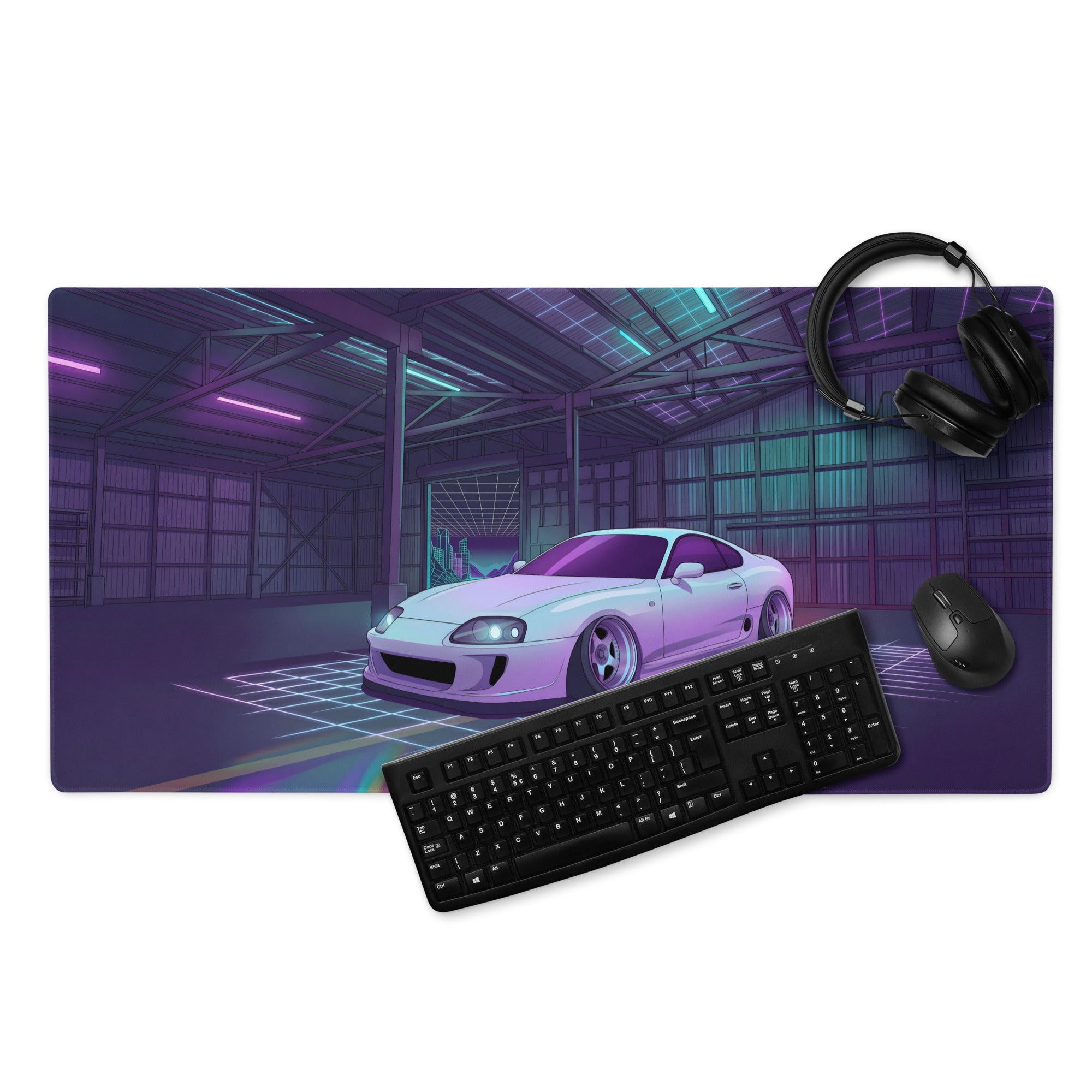 Toyota Supra MK4 Inspired White Purple Vaporwave Gaming Mouse Pad, Neon Retro Futuristic JDM Garage Desk Mat with Synthwave Sports Car Art