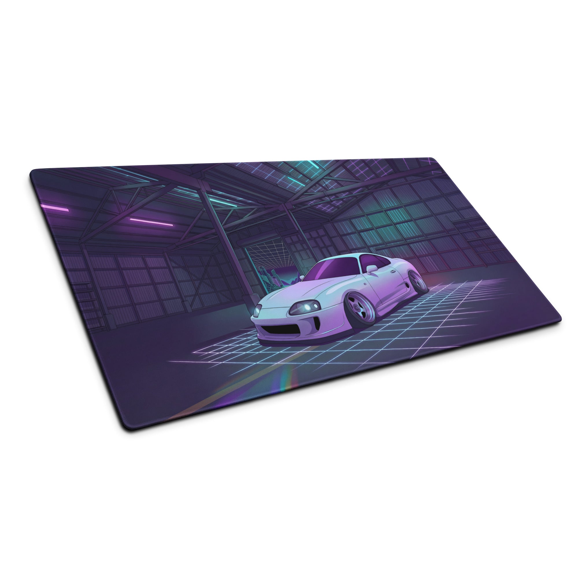 Toyota Supra MK4 Inspired White Purple Vaporwave Gaming Mouse Pad, Neon Retro Futuristic JDM Garage Desk Mat with Synthwave Sports Car Art