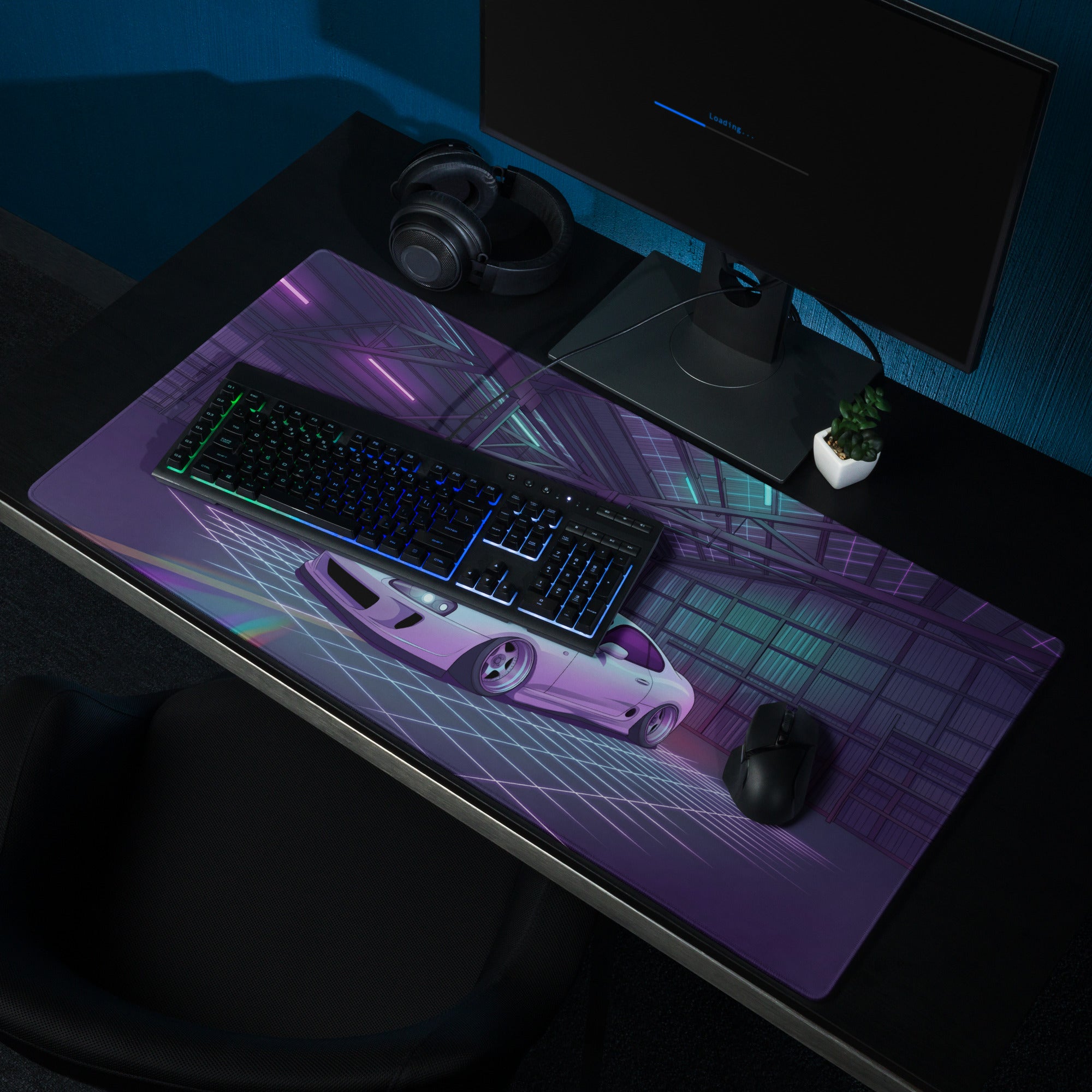 Toyota Supra MK4 Inspired White Purple Vaporwave Gaming Mouse Pad, Neon Retro Futuristic JDM Garage Desk Mat with Synthwave Sports Car Art