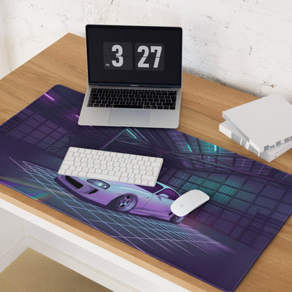 Toyota Supra MK4 Inspired White Purple Vaporwave Gaming Mouse Pad, Neon Retro Futuristic JDM Garage Desk Mat with Synthwave Sports Car Art