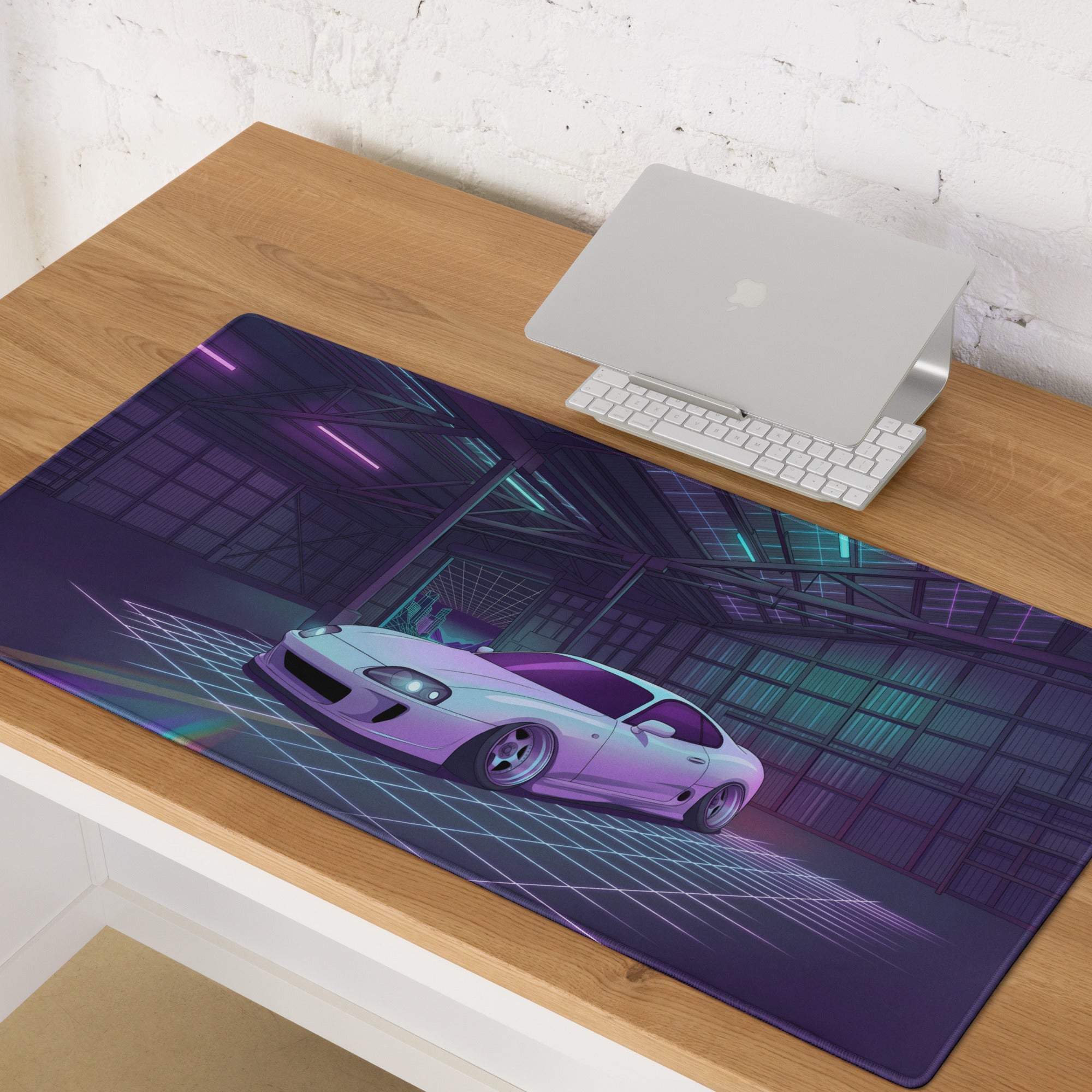 Toyota Supra MK4 Inspired White Purple Vaporwave Gaming Mouse Pad, Neon Retro Futuristic JDM Garage Desk Mat with Synthwave Sports Car Art