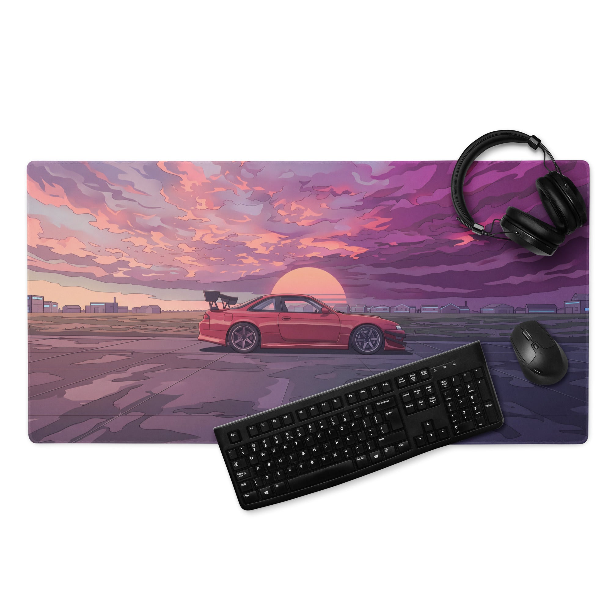 Nissan Silvia S14 Inspired Red Purple Vaporwave Gaming Mouse Pad, Retro Futuristic JDM Sunset Desk Mat with Moody Drift Car Artwork