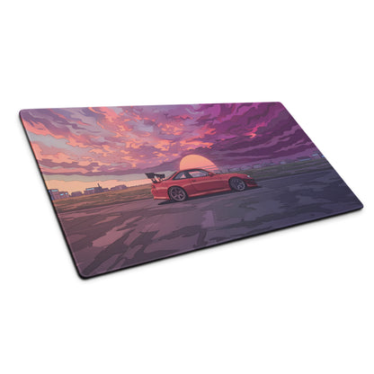 Nissan Silvia S14 Inspired Red Purple Vaporwave Gaming Mouse Pad, Retro Futuristic JDM Sunset Desk Mat with Moody Drift Car Artwork